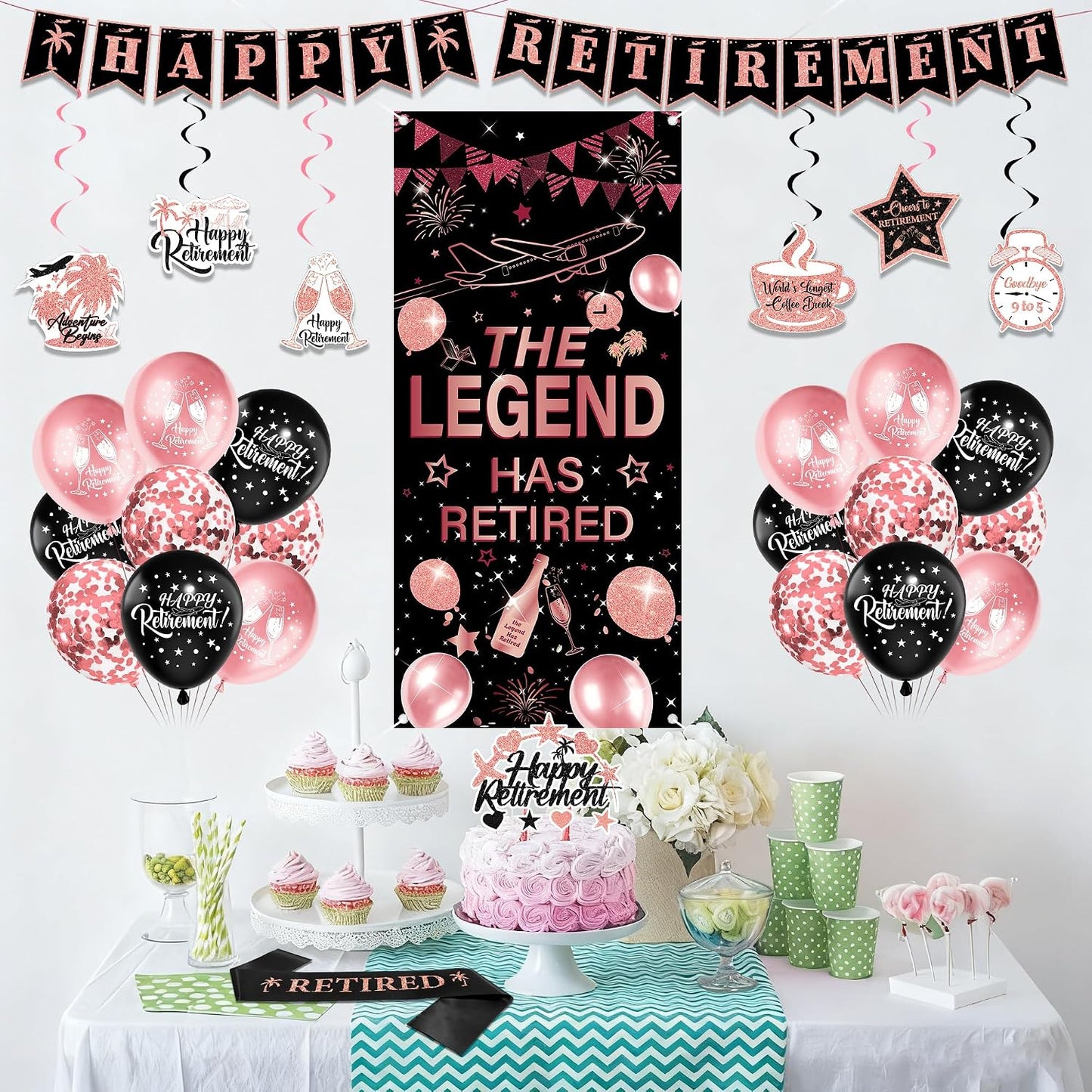 Happy Retirement Party Decorations Women - 33 Pcs Black Rose Gold Banners Hanging Swirls Glitter Cupcake Cake Toppers Backdrop Sparkling Sash Confetti Balloons for Retire Decoration Party Supplies BST326L