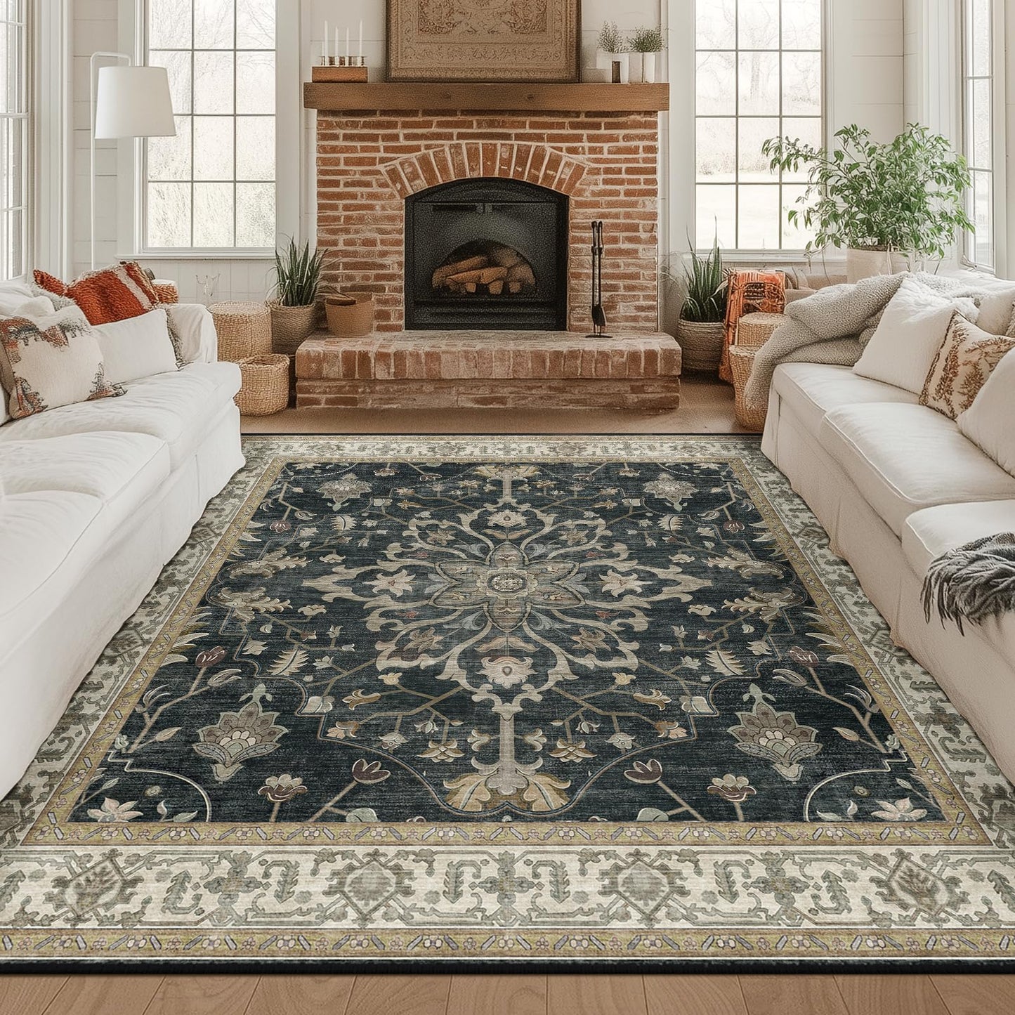 RELEANY Area Rugs Runner 2'x6' Washable Non-Slip, Floral Vintage Distress Medallion Carpet for Kitchen Hallway Bedroom Beside Laundry Room Bathroom, Teal Green Lake Blue Turquoise DD1210