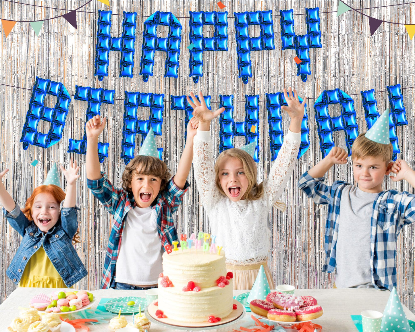 Seenelling Happy Birthday Balloons Banner with 3 Pack Silver Foil Fringe Backdrop 16 Inch Foil Letters Metallic Tinsel Fringe Curtains Reusable Inflatable Birthday Party Decorations(Blue) BST326L