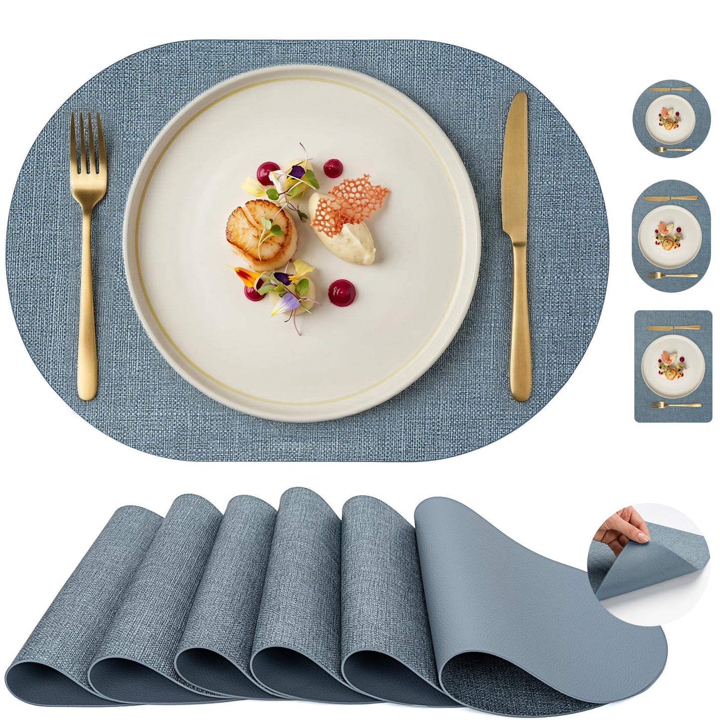 Faux Leather Placemats Set of 6, Wipeable Waterproof Stain Resistant Table Mats, Heat Resistant Thick Placemats with Hand-Painted Edges for Kitchen Dining, Imitative Linen Texture, Various Shapes BST326H