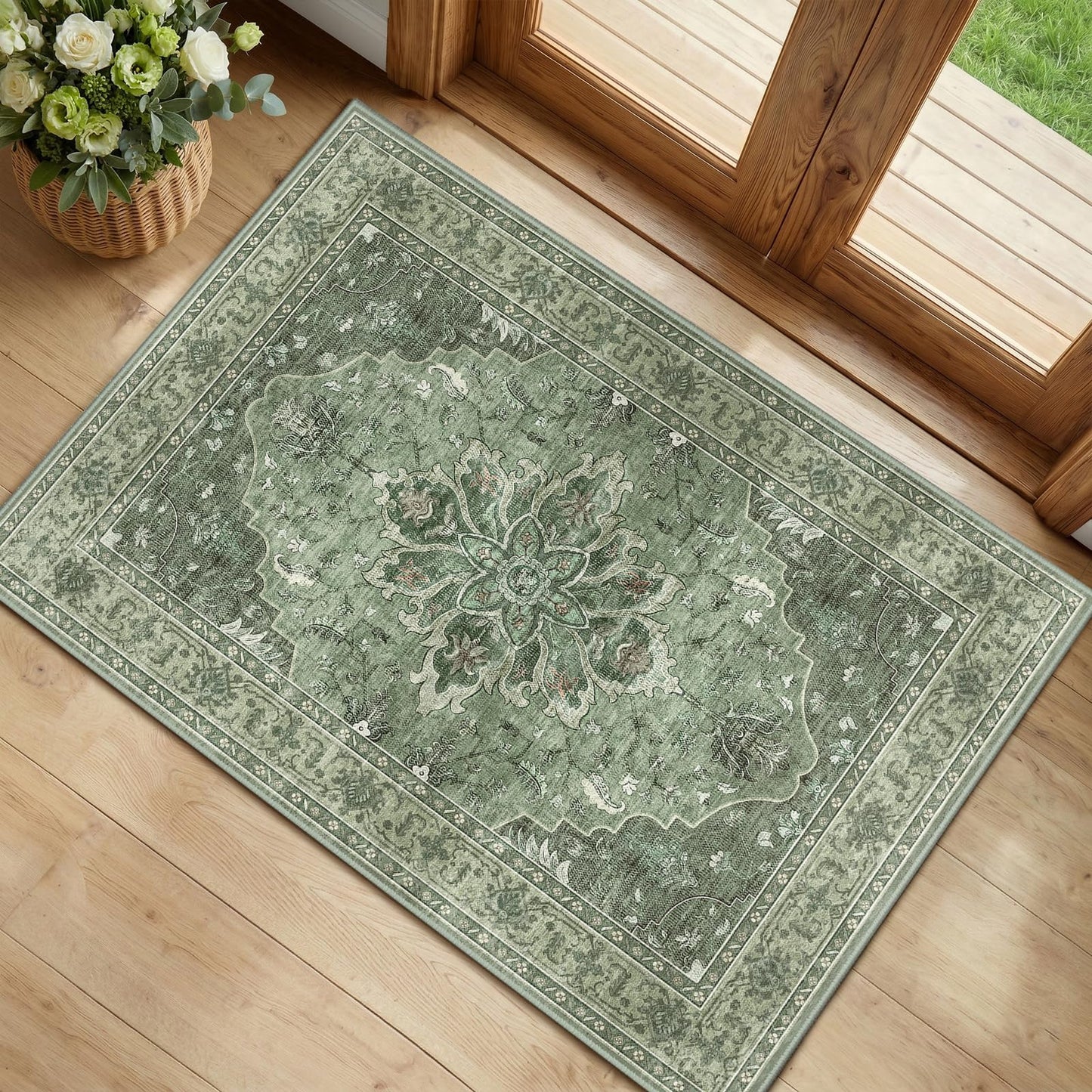 RELEANY Area Rugs Runner 2'x6' Washable Non-Slip, Floral Vintage Distress Medallion Carpet for Kitchen Hallway Bedroom Beside Laundry Room Bathroom, Teal Green Lake Blue Turquoise DD1210