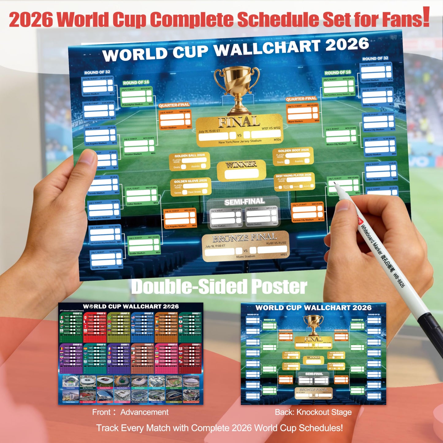 World Cup 2026 Fan Accessories with Large 3x5 ft Flag, Match Tracker Poster, Stickers, Cheering Sticks, Clapper & Scarf, World Cup Decorations Fan kit for Soccer Watch Party, Stadium and Home Cheering BST202