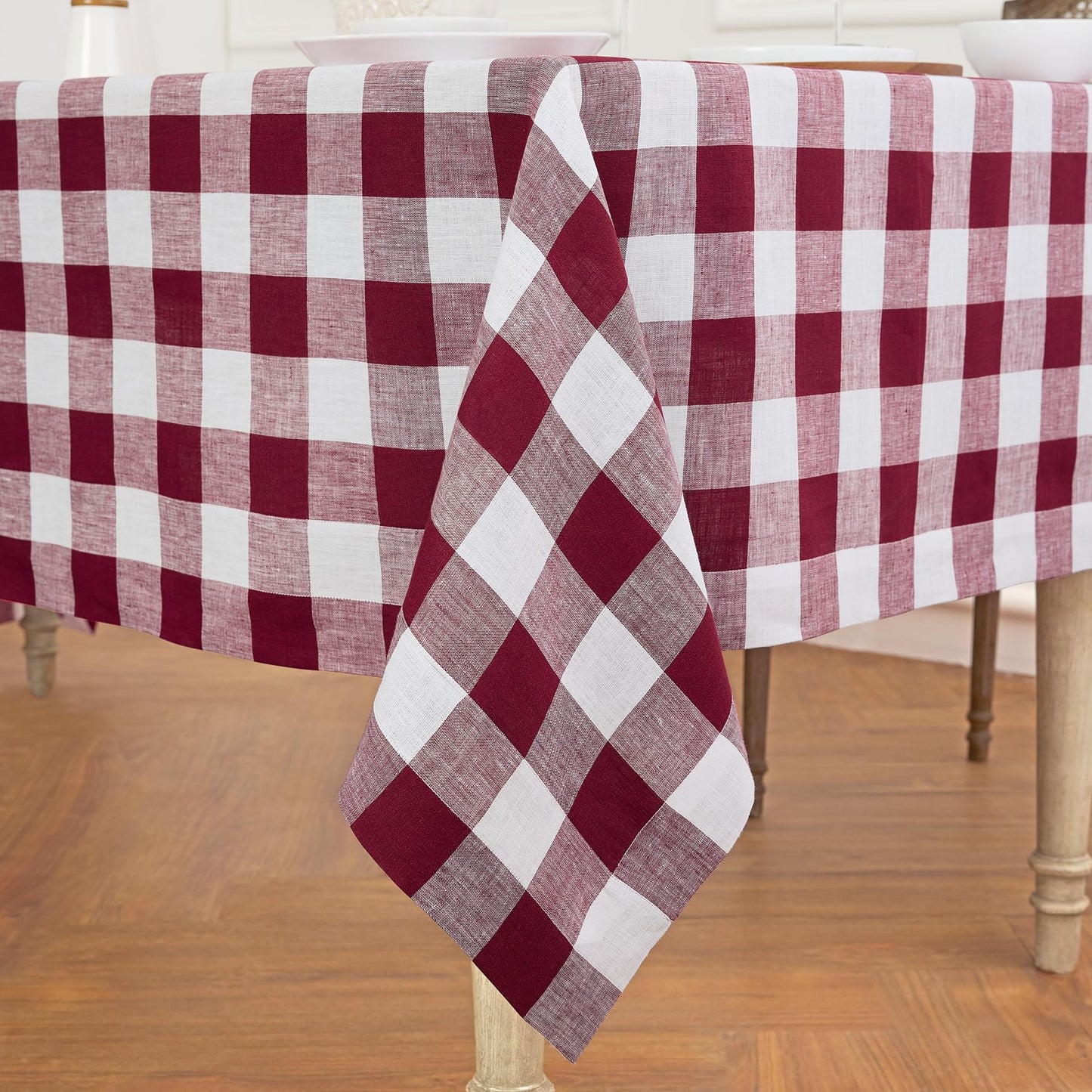 Solino Home 100% Pure Linen Rectangular Tablecloth Pink Check, 60 x 120 in | Buffalo Check Linen Table Cloth for dining and entertaining | buffalo checkered weave | Marshmellow Pink | OEKO-TEX Certified BST326SOLH