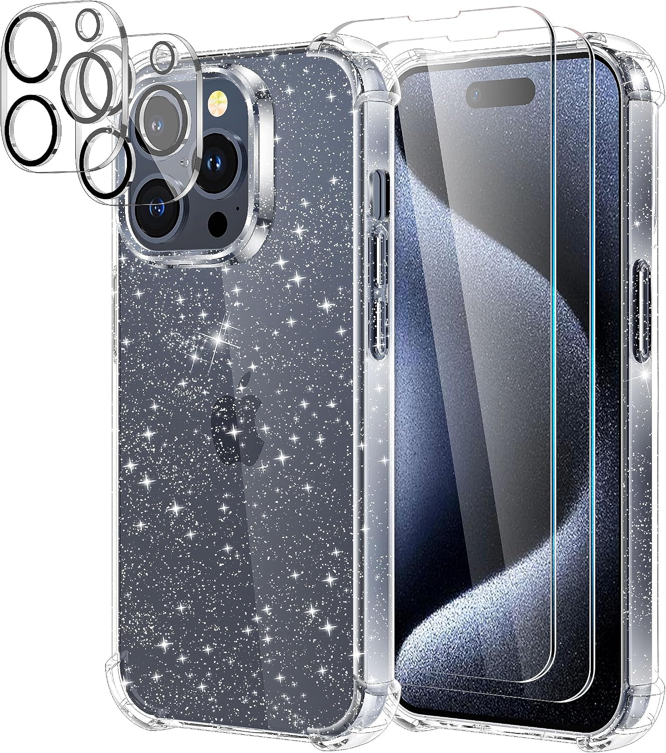 for iPhone 15 Pro Case Glitter with 2 Pack Screen Protector + 2 Pack Camera Lens Protector, Clear Glittering Cute Phone Case Shockproof Soft TPU Bumper Cover for Women Girls WN420