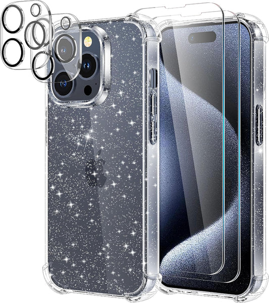 for iPhone 15 Pro Case Glitter with 2 Pack Screen Protector + 2 Pack Camera Lens Protector, Clear Glittering Cute Phone Case Shockproof Soft TPU Bumper Cover for Women Girls WN420