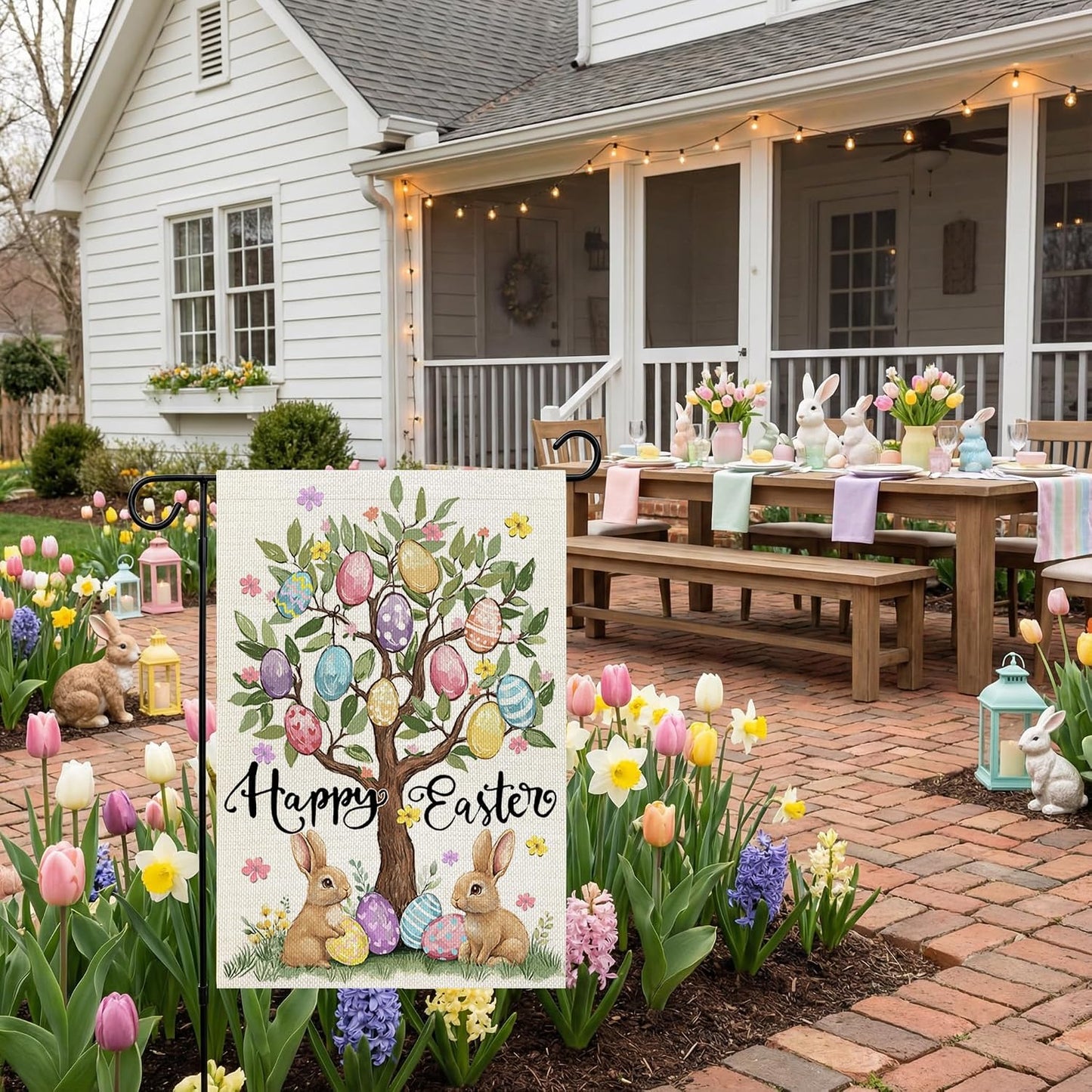 CROWNED BEAUTY Easter Garden Flag Eggs Tree 12x18 Inch Double Sided Bunny Holiday Decoration for Outdoor Lawn Yard WN420