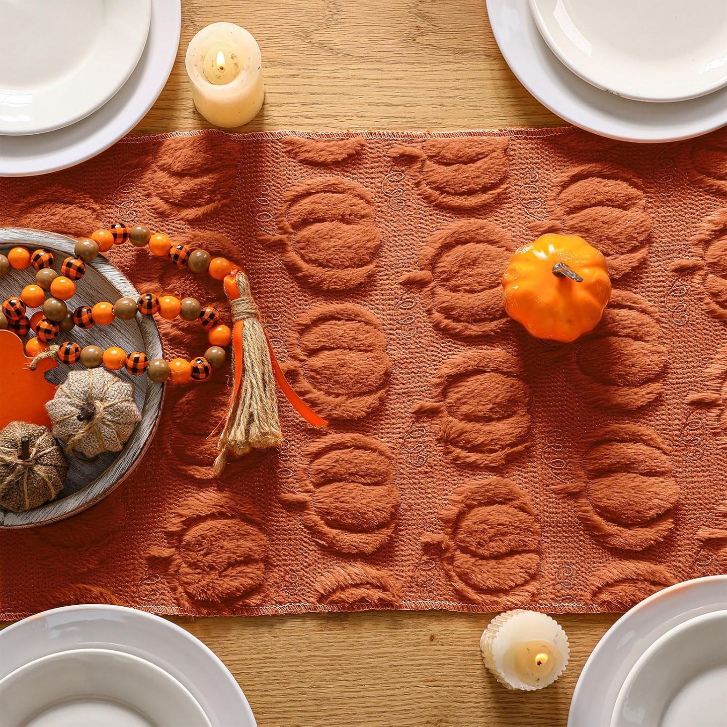 Halloween Pumpkin Table Runner Quilted Plush 3D Table Runners Fall Autumn Ivory Halloween Runners for Tables Kitchen Dining Decorations Party Supplies 13x37 Inch WN420