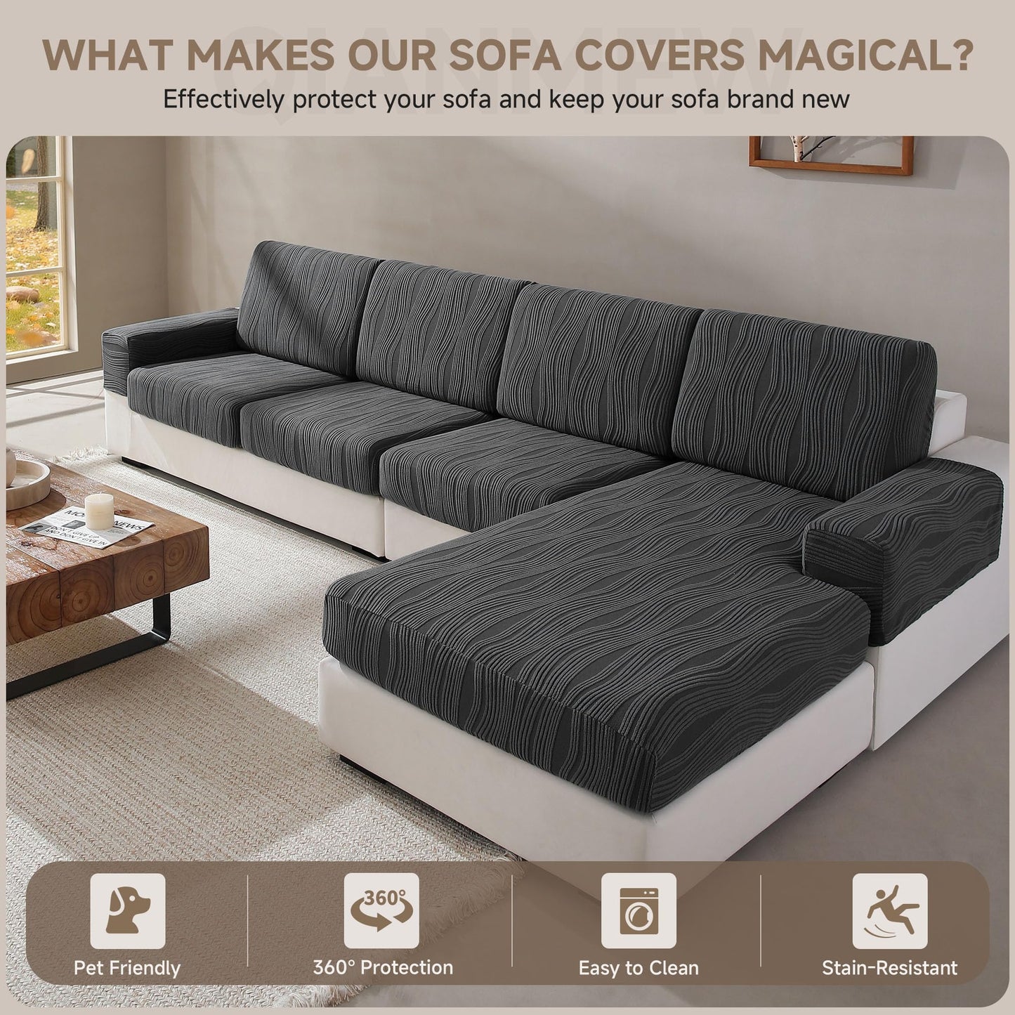 QIANMEW Couch Cushion Covers, Super Stretch Washable Sofa Slipcovers for L Shaped & Modular Seats, Pet-Friendly Furniture Protector with Stripe Design, (2 Seat Covers S, Dark Gray) BST326H