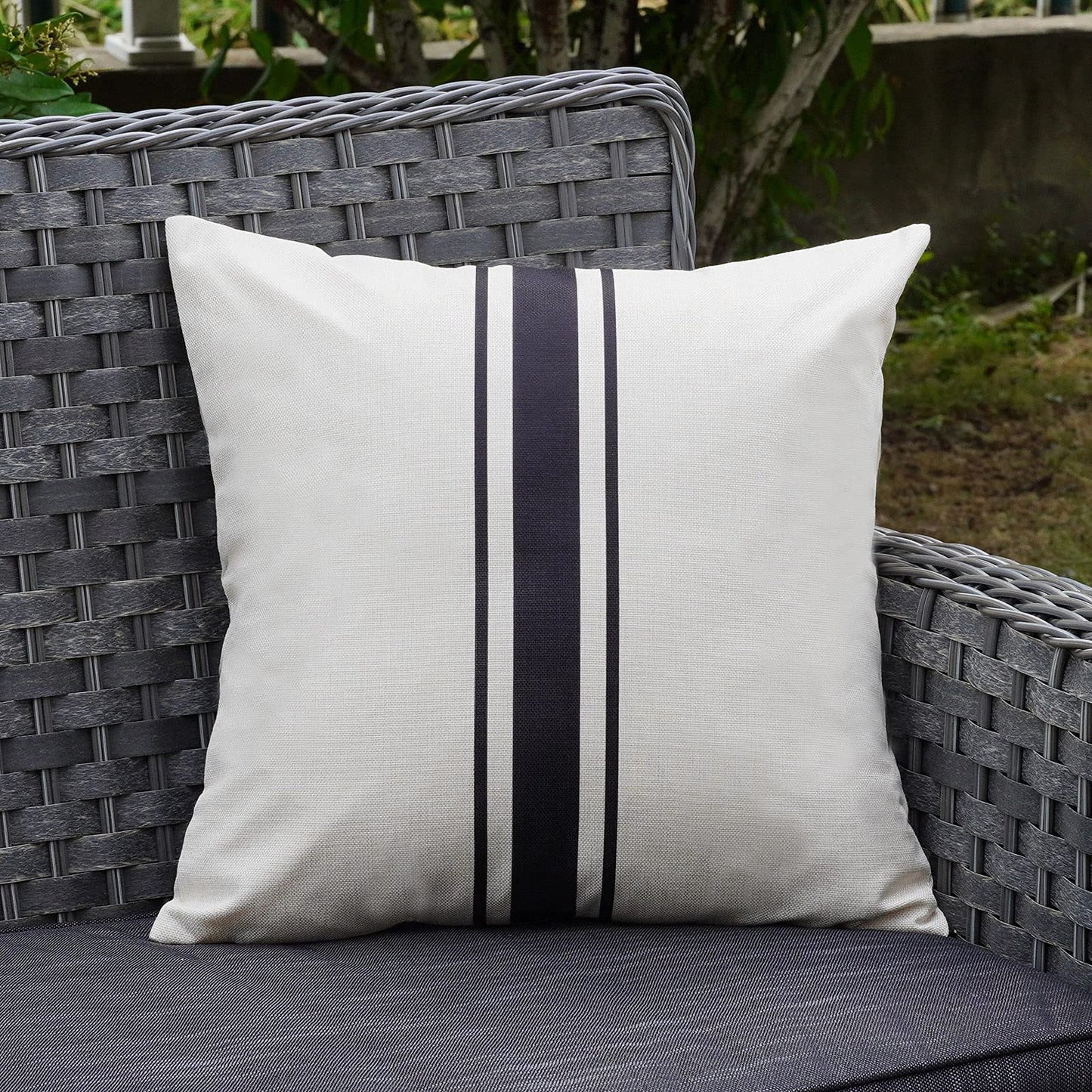 ONWAY Outdoor Pillow Covers Waterproof 18x18 Set of 2 Decorative Linen Throw Pillow Cover Beige and Black Striped Outdoor Pillows for Patio Furniture BST220