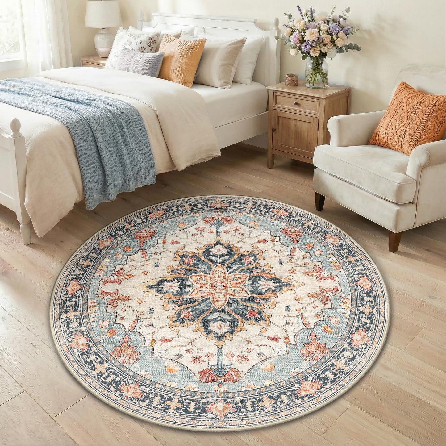 RELEANY Area Rugs Runner 2'x6' Washable Non-Slip, Floral Vintage Distress Medallion Carpet for Kitchen Hallway Bedroom Beside Laundry Room Bathroom, Teal Green Lake Blue Turquoise DD1210
