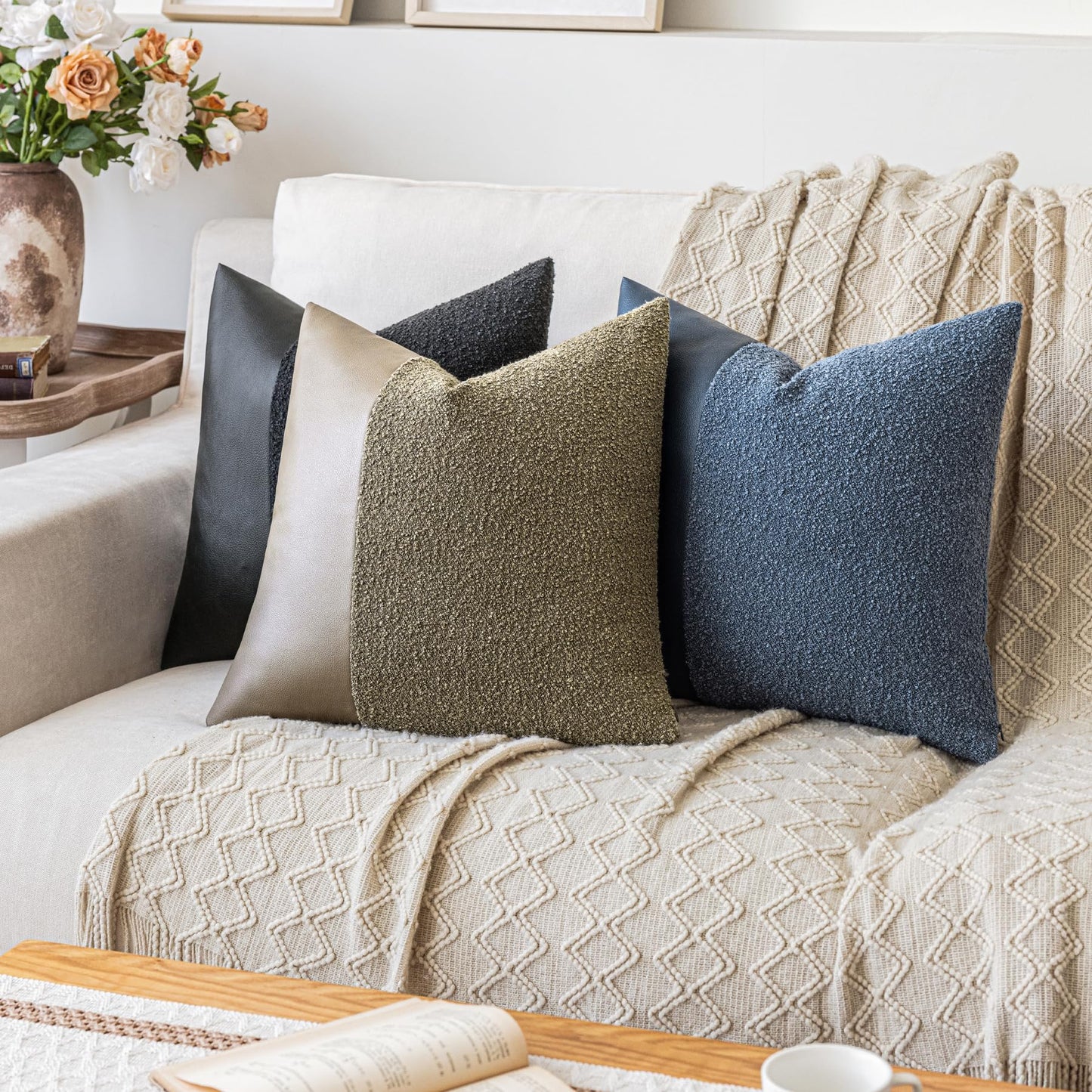 Set of 2 Fluffy Boucle Pillow Covers 18"x18", Oatmeal Textured Throw Pillow Covers with Faux Leather Accents, Boho Decorative Pillow Cases for Couch, Bed, or Farmhouse Home Decor BST220