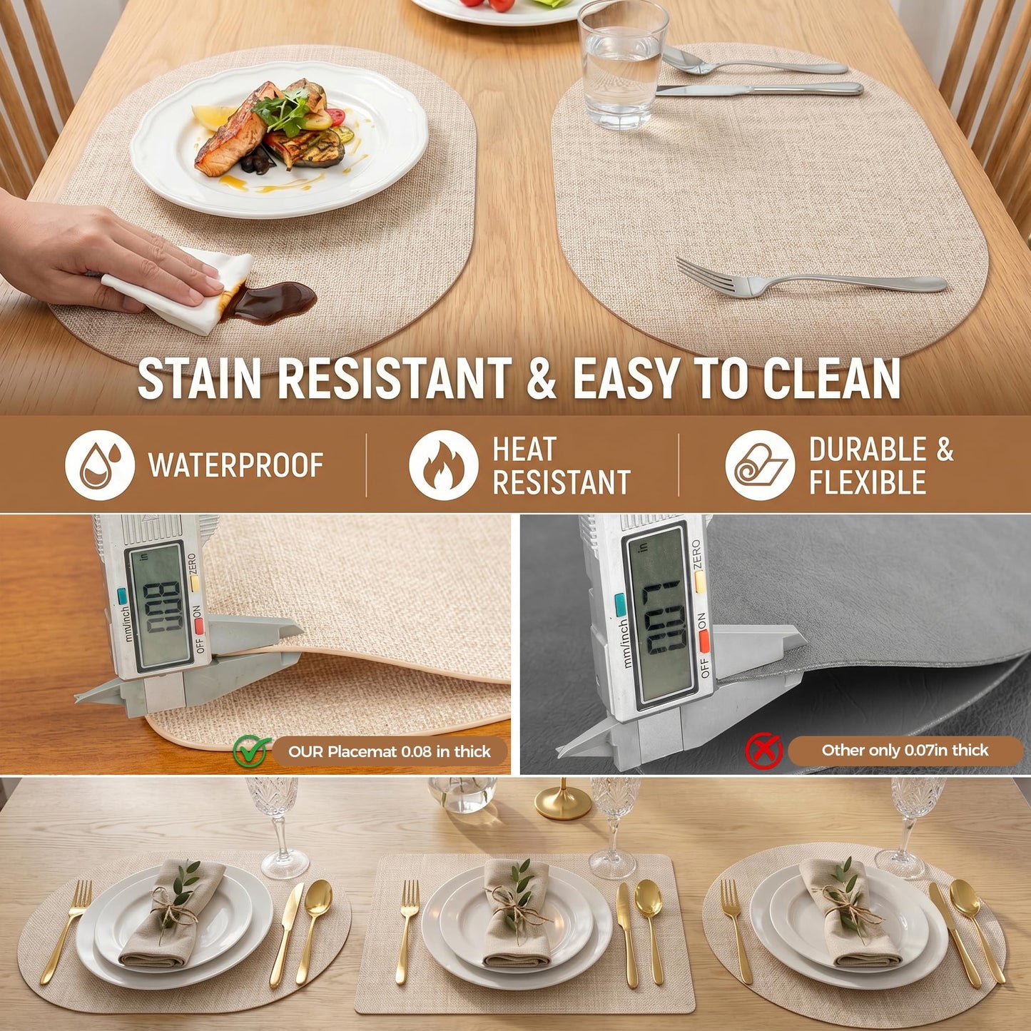 Faux Leather Placemats Set of 6, Wipeable Waterproof Stain Resistant Table Mats, Heat Resistant Thick Placemats with Hand-Painted Edges for Kitchen Dining, Imitative Linen Texture, Various Shapes BST326H