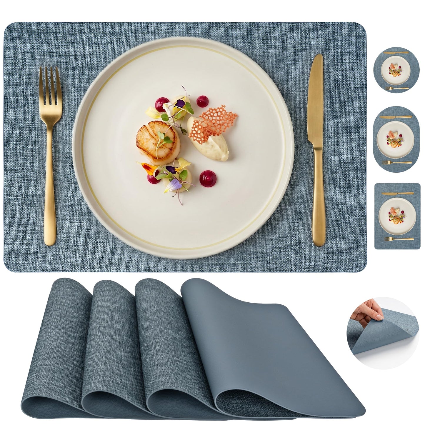 Faux Leather Placemats Set of 6, Wipeable Waterproof Stain Resistant Table Mats, Heat Resistant Thick Placemats with Hand-Painted Edges for Kitchen Dining, Imitative Linen Texture, Various Shapes BST326H