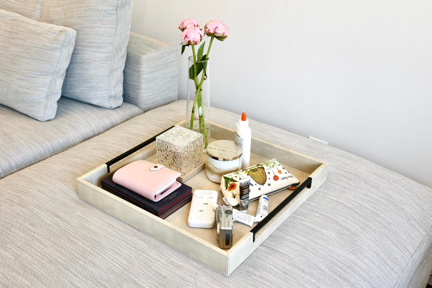 Sagala 16"x16" Ivory Shagreen Leather Serving Tray with Handles for Ottoman Coffee Table, Stylish Decorative Tray for Living Room Modern Home Decor (Ivory-Black, Square 16") BST220