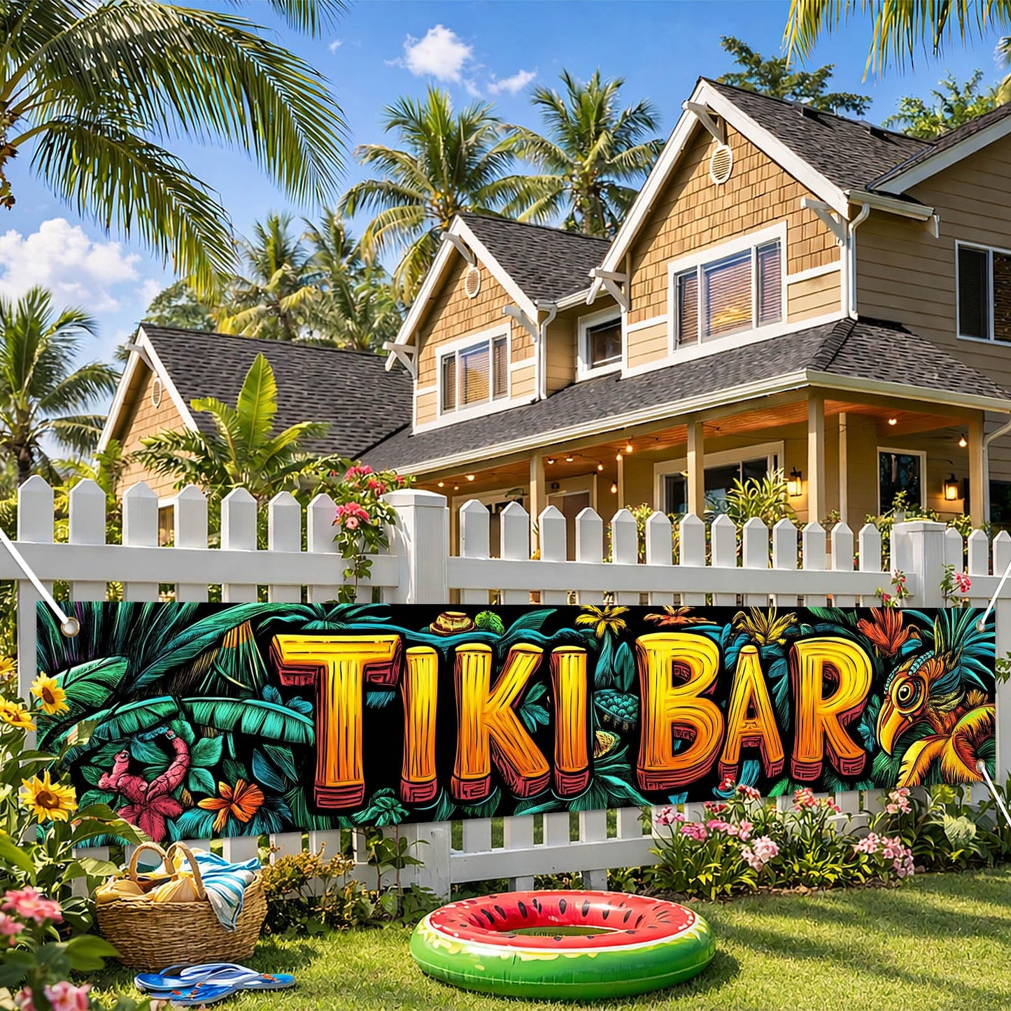BlissYard Hello Summer Banner 118 x 20 Inch Pool Party Decorations Beach Surfboard Watermelon Tropical Fence Sign Hawaiian Luau Outdoor Backyard Wall Decor BST220