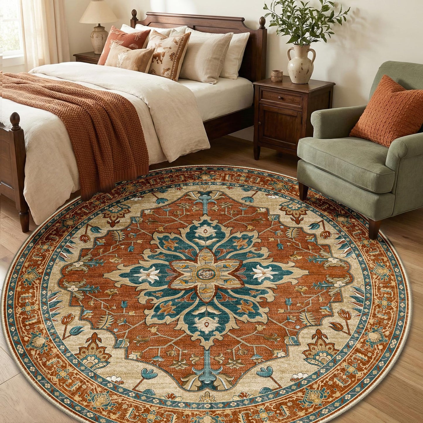 RELEANY Area Rugs Runner 2'x6' Washable Non-Slip, Floral Vintage Distress Medallion Carpet for Kitchen Hallway Bedroom Beside Laundry Room Bathroom, Teal Green Lake Blue Turquoise DD1210