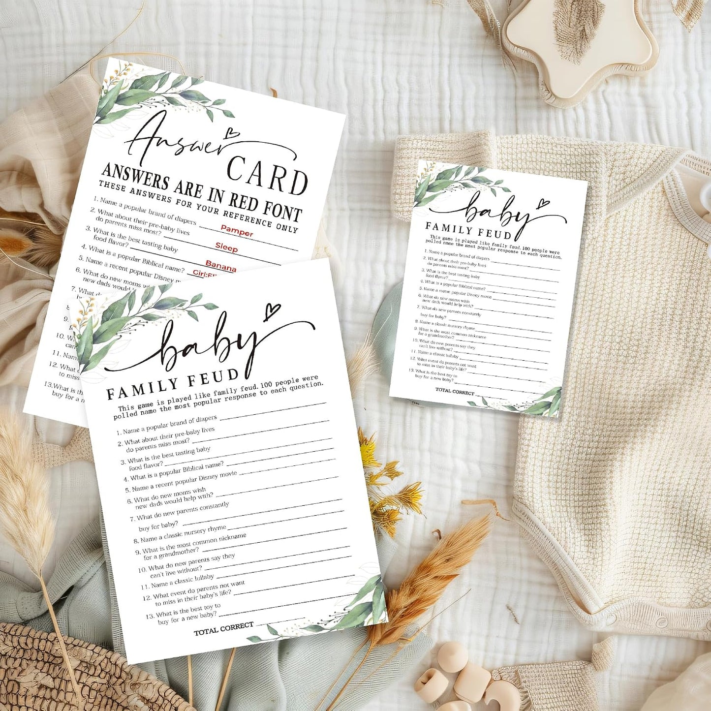 Baby Family Feud Baby Shower Game, 30 Greenery And White Game Cards For Girl Boy With 1 Answer Card, Gender Reveal Games, Baby Announcement,Party Favor & Supplies-B12 BST326L