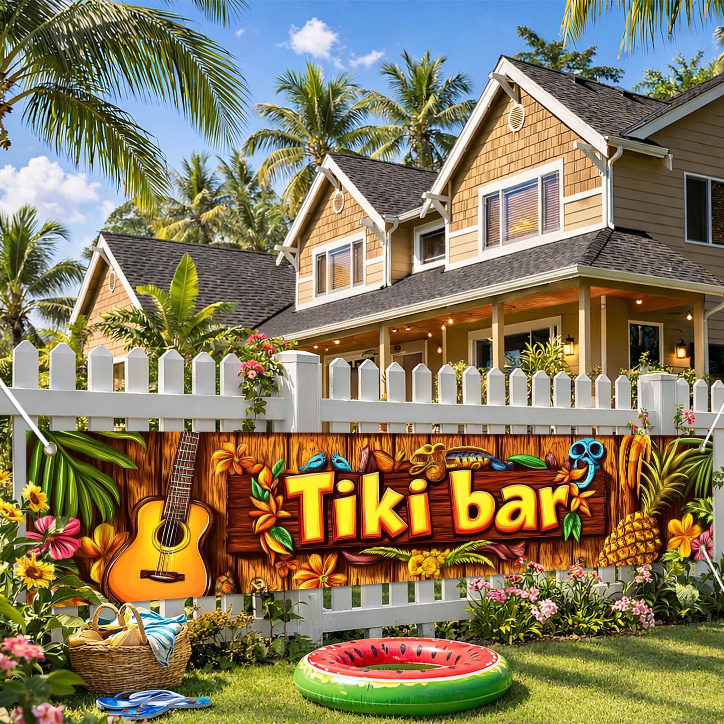 BlissYard Hello Summer Banner 118 x 20 Inch Pool Party Decorations Beach Surfboard Watermelon Tropical Fence Sign Hawaiian Luau Outdoor Backyard Wall Decor BST220