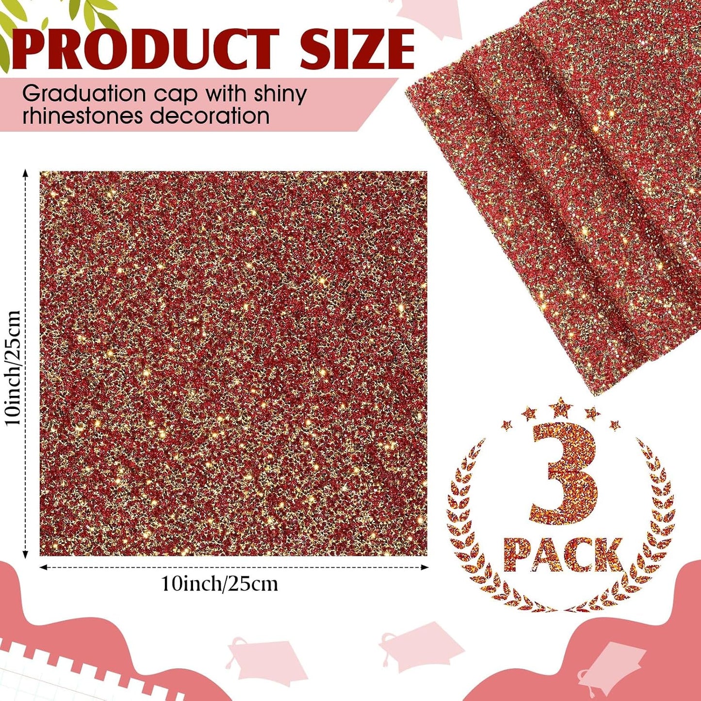 Gersoniel Graduation Cap Decorations 3 Sheets Bling Rhinestone Stickers 10 x 10 Inch Self-adhesive for Grad Hat Topper Craft DIY(Gold,Red) WN420
