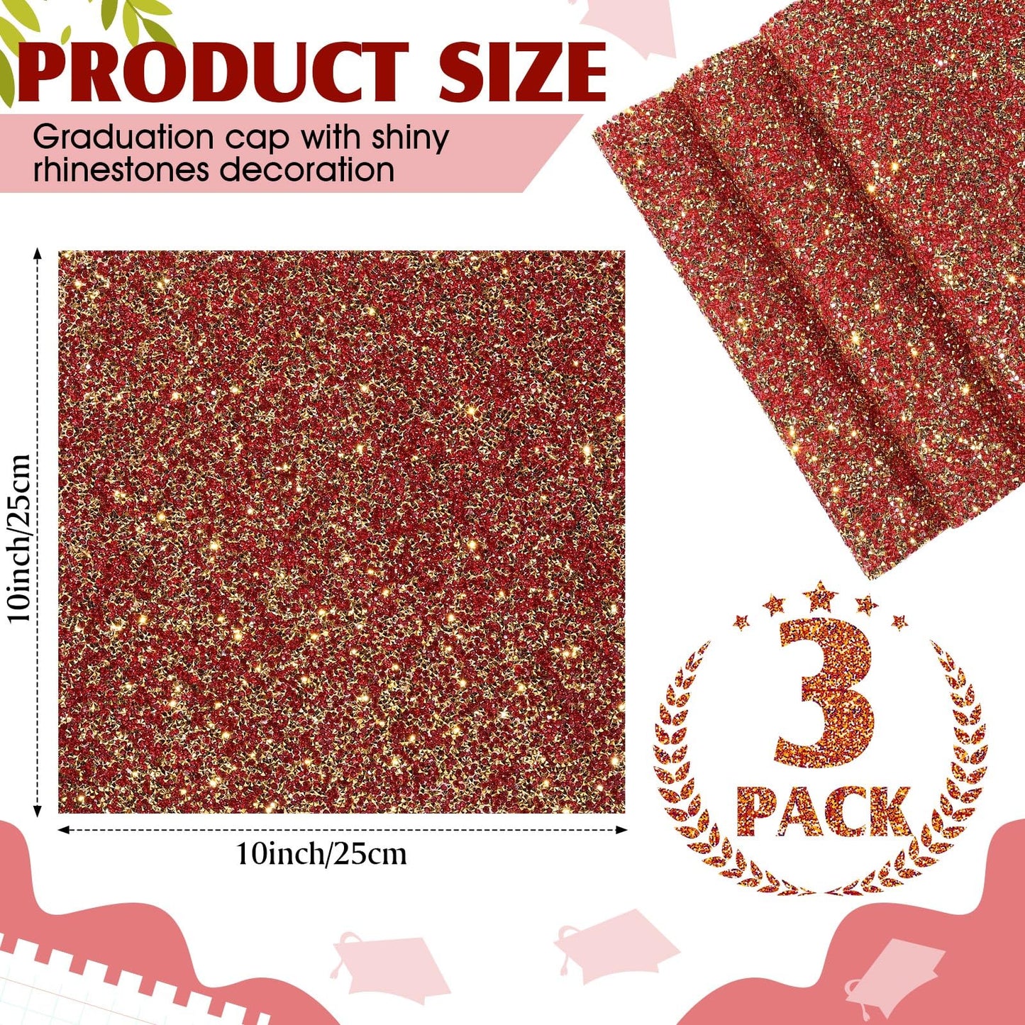 Gersoniel Graduation Cap Decorations 3 Sheets Bling Rhinestone Stickers 10 x 10 Inch Self-adhesive for Grad Hat Topper Craft DIY(Gold,Red) WN420
