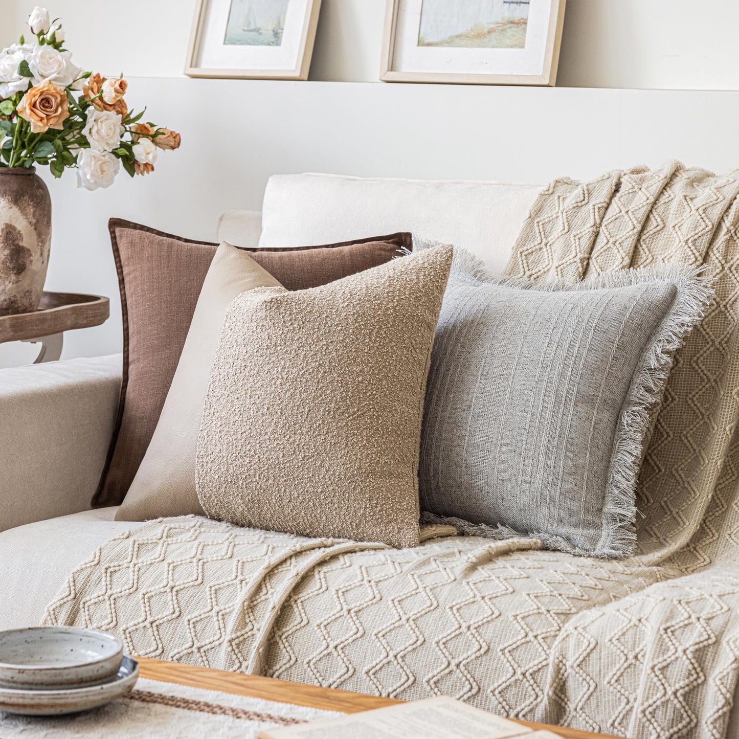Set of 2 Fluffy Boucle Pillow Covers 18"x18", Oatmeal Textured Throw Pillow Covers with Faux Leather Accents, Boho Decorative Pillow Cases for Couch, Bed, or Farmhouse Home Decor BST220