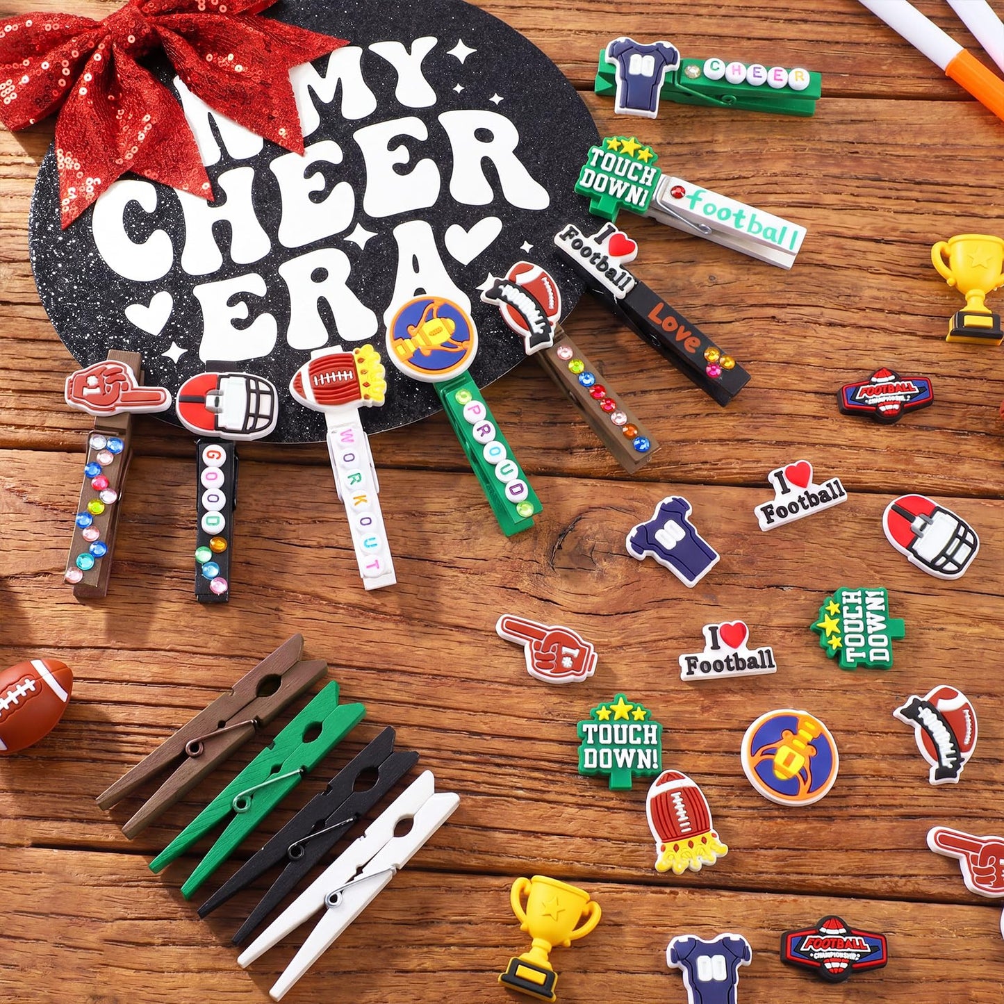 Amyhill 60 Sets Baseball Cheer Pins Wooden DIY Spirit Clips Clothes Pins with 260 Alphabet Beads 4 Rhinestone Stickers 4 Markers 9 ml Glue 60 Baseball Stickers for Cheerleaders Gifts Backpacks Decor BST326H
