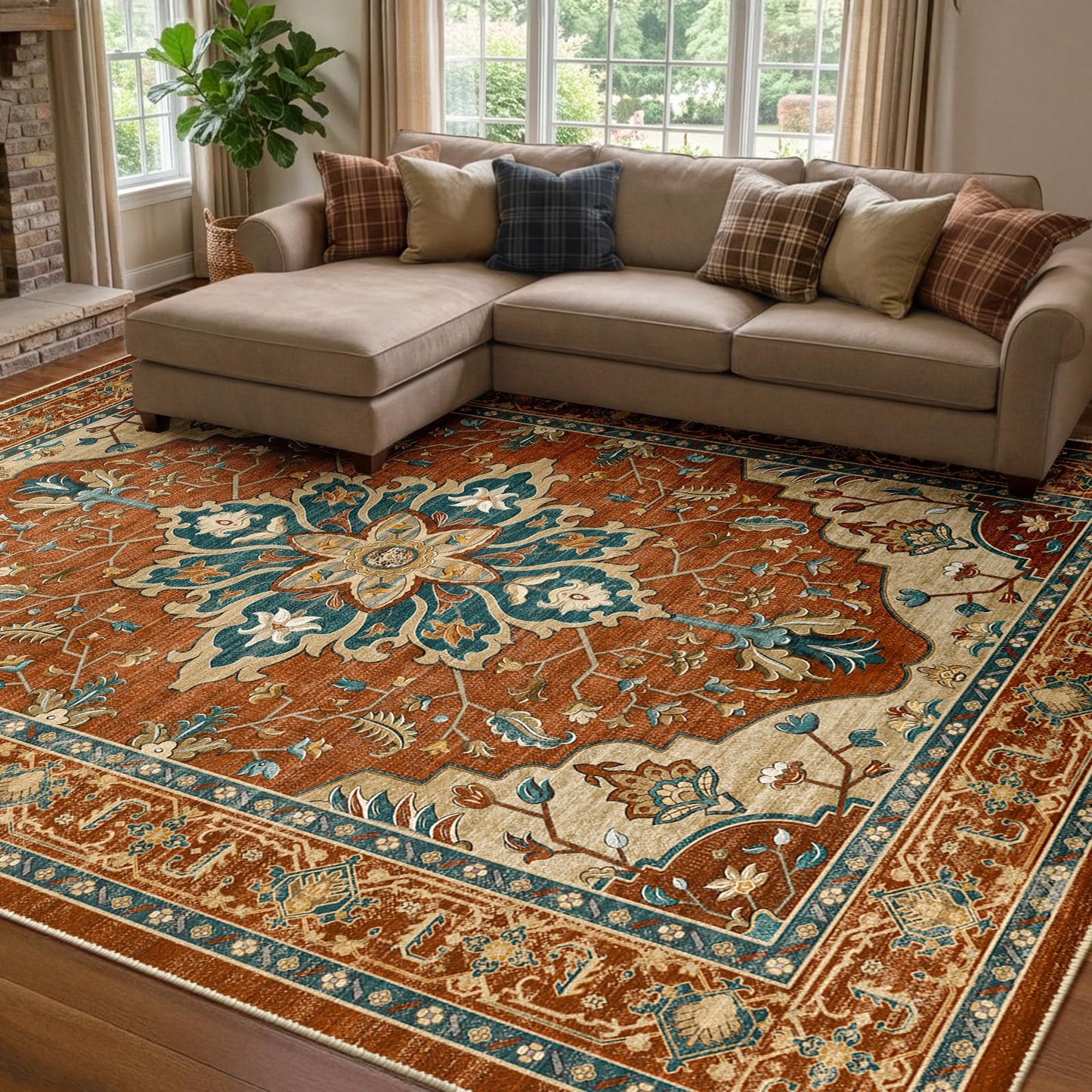 RELEANY Area Rugs Runner 2'x6' Washable Non-Slip, Floral Vintage Distress Medallion Carpet for Kitchen Hallway Bedroom Beside Laundry Room Bathroom, Teal Green Lake Blue Turquoise DD1210
