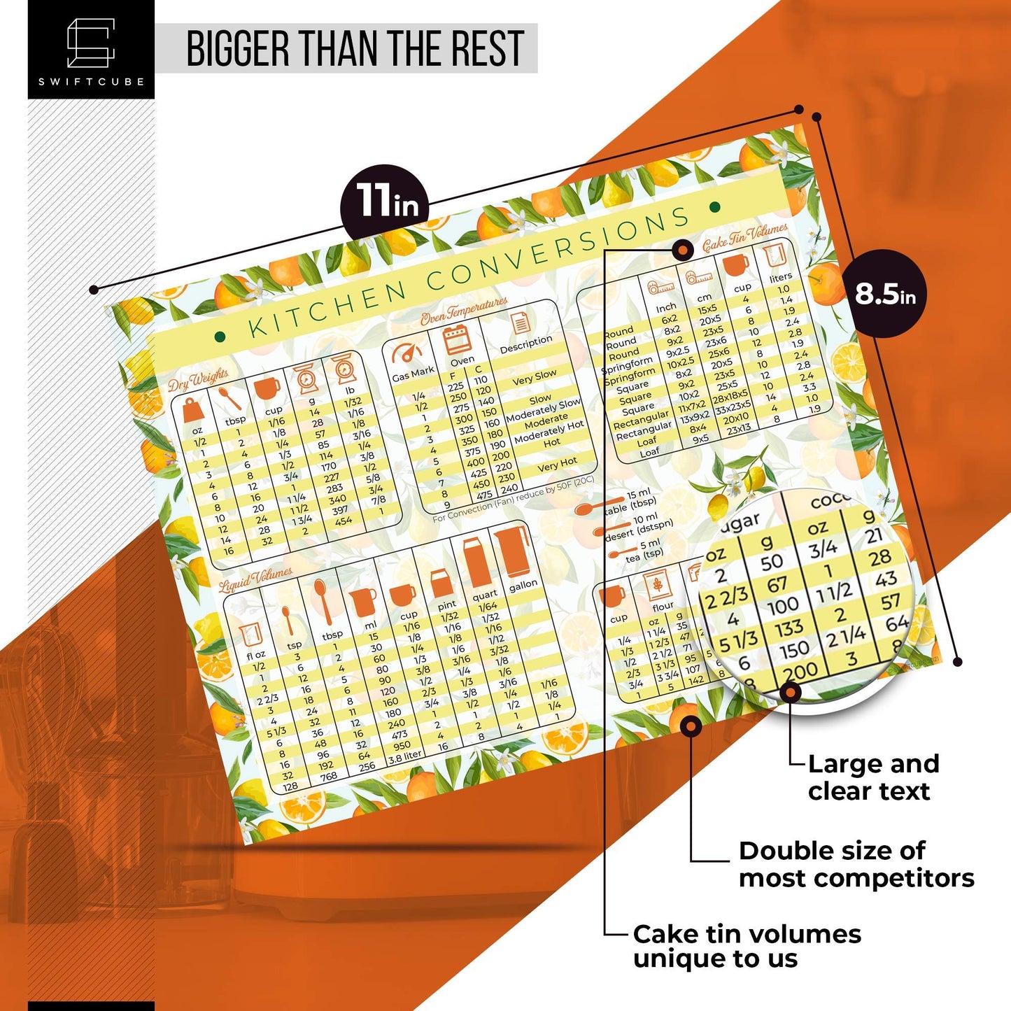 SwiftCube Air Fryer Magnetic Cheat Sheets, Multicooker Cheat Sheet Recipe Magnets, with Cooking Temperature, Time & Size Chart Conversion Measurement, Orange-Lemon Kitchen Decor, 8.5"x11" Citrus Dream BST220