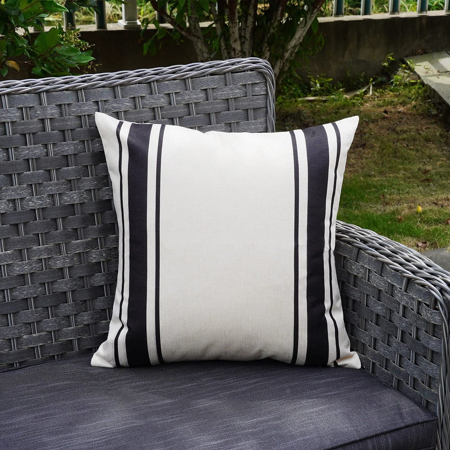 ONWAY Outdoor Pillow Covers Waterproof 18x18 Set of 2 Decorative Linen Throw Pillow Cover Beige and Black Striped Outdoor Pillows for Patio Furniture BST220