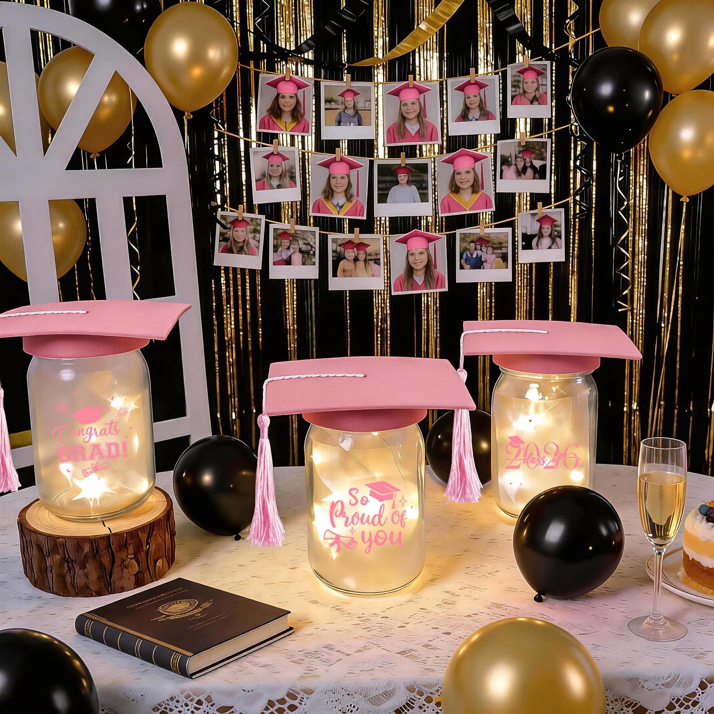 3 Sets 2026 Graduation Centerpieces for Tables, Glowing Mason Jar Centerpieces with Graduation Caps, Glowing Money Jars for College High School Congrats Grad Party Decor Supplies WN420
