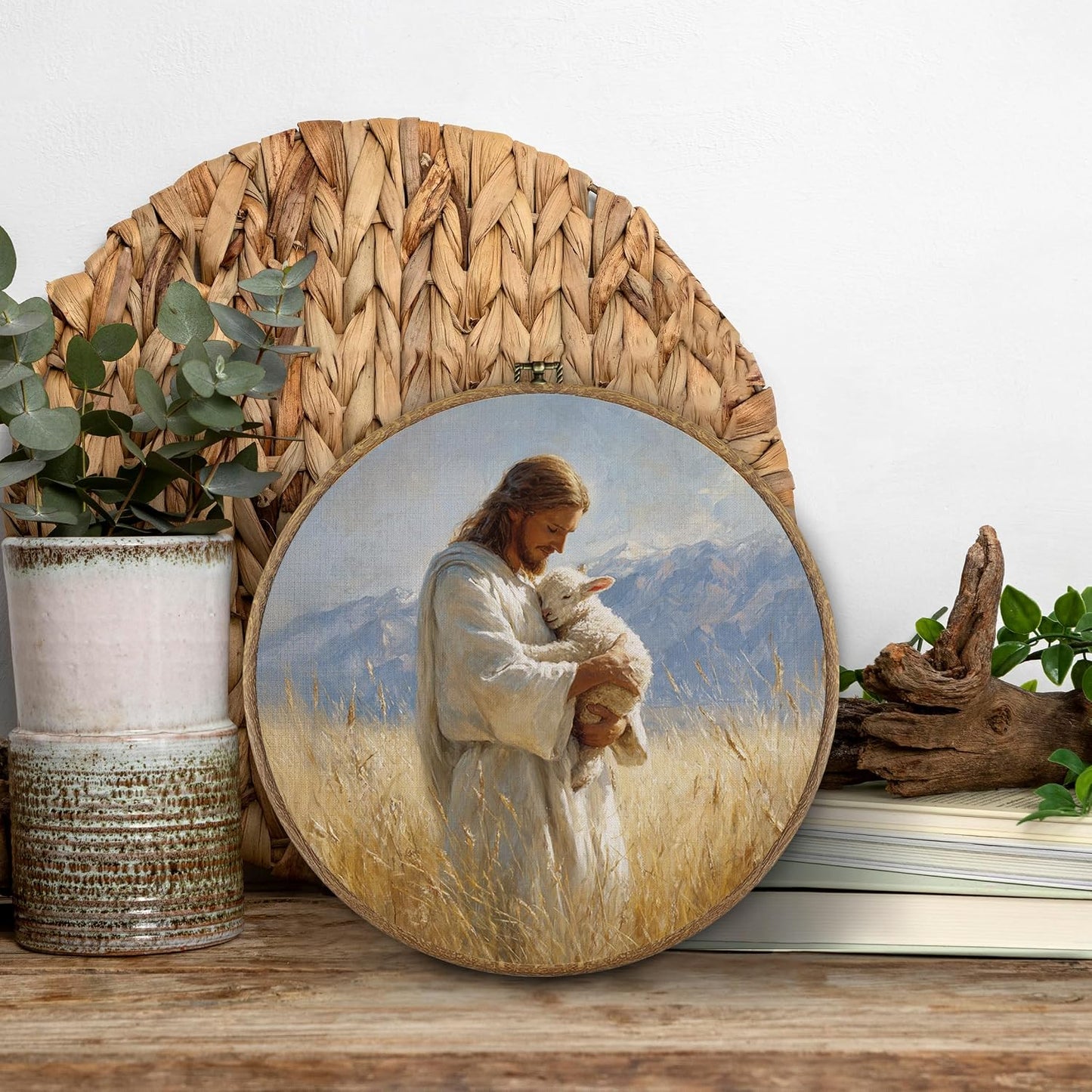 BitKAM Jesus and Lamb Christian Round Wall Art Decor, Jesus Saves the Lost Lamb Canvas Prints Framed, Religious Wall Hanging Decorations for Church Home Bedroom Living Room, 10x10 Inch Wall Sculptures BST326L
