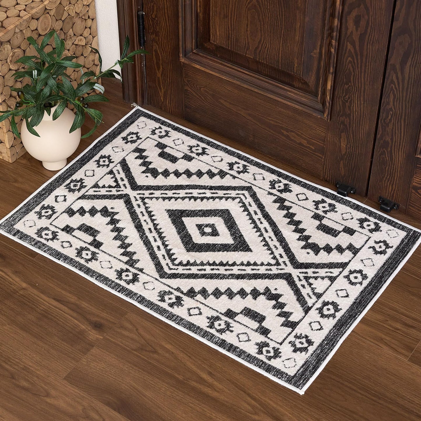 Moroccan Washable Area Rug 3x5, Geometric Tribal Decorative Woven Rug, Non-Slip Boho Farmhouse Soft Low-Pile Area Rug for Living Room Bedroom Nursery Dining Table, Dark Brown/White BST326H