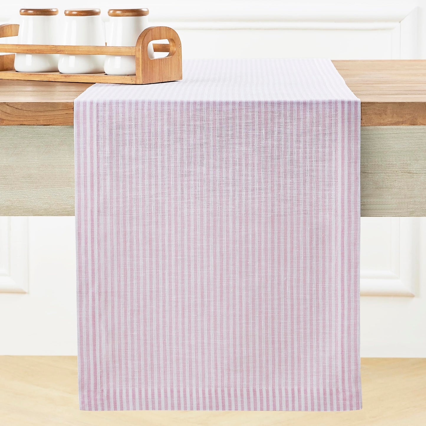 Solino Home 100% Pure Linen Table Runner Stripe Striped, Julia 14 x 72 in | Table Runners for dining, hallway and console tables; woven stripe, mitered corners; Muted Pastel Stripe; OEKO-TEX Certified BST326SOLH
