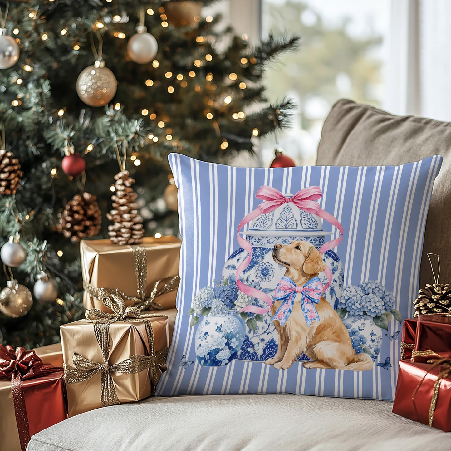 Coquette Pink Chinoiserie Bow Dachshund Pillow Covers 18x18, Dachshund Gifts for Women, Preppy Pink Striped Cute Weiner Dog Decorative Pillow Covers for Girls Bedroom Living Room Home BST202