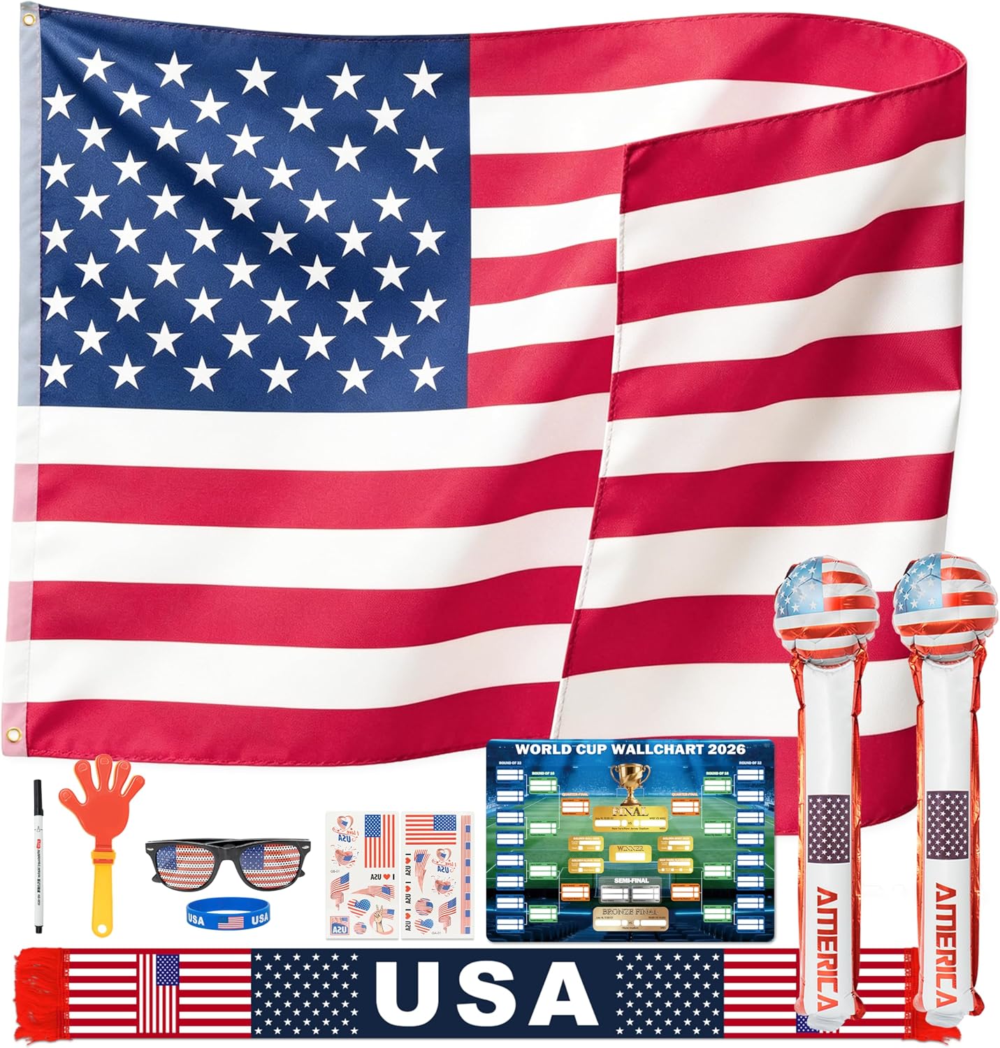 Large American Flag 3x5 Ft 59 x 35 in with Soccer Watch Party Accessories, Temporary Tattoos, Glasses, Scarf, Wristband, Thunder Sticks, Clapper, 2026 World Cup Wall Chart BST202