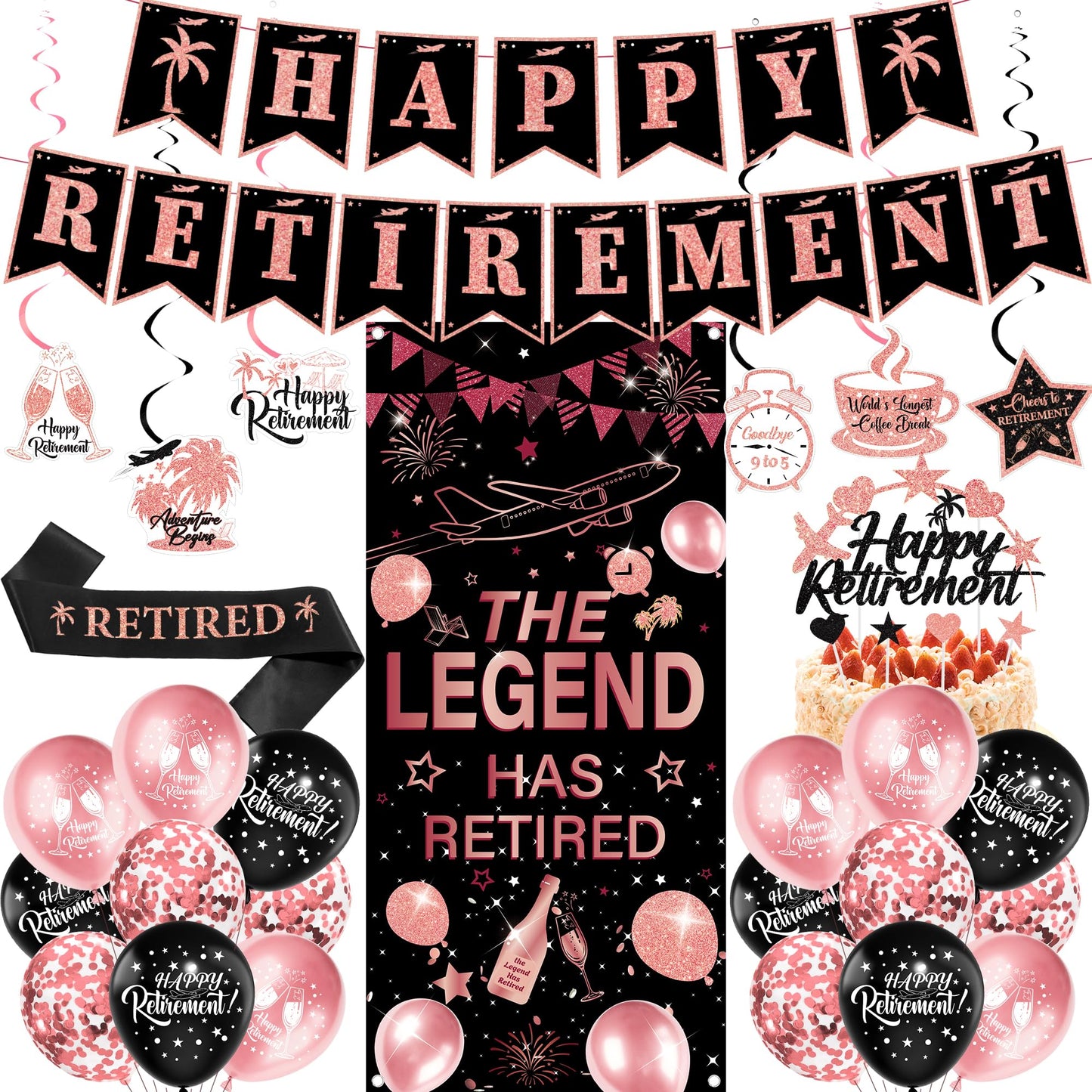 Happy Retirement Party Decorations Women - 33 Pcs Black Rose Gold Banners Hanging Swirls Glitter Cupcake Cake Toppers Backdrop Sparkling Sash Confetti Balloons for Retire Decoration Party Supplies BST326L