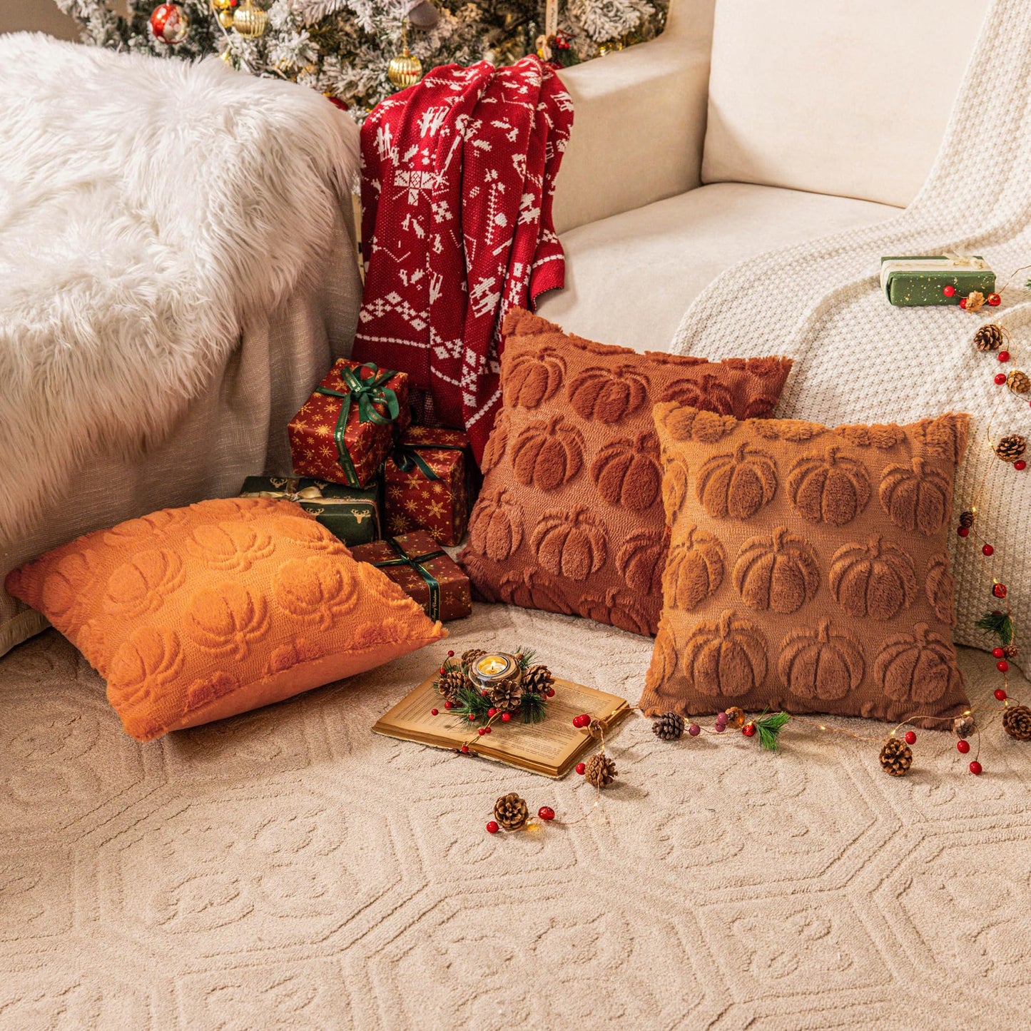 Cream White Fall Pumpkin Decorative Throw Pillow Covers Set of 2, 18x18 Inch Soft Plush 3D Embroidered Halloween Pillow Covers for Fall Decorations Farmhouse Cushion Covers for Thanksgiving BST220