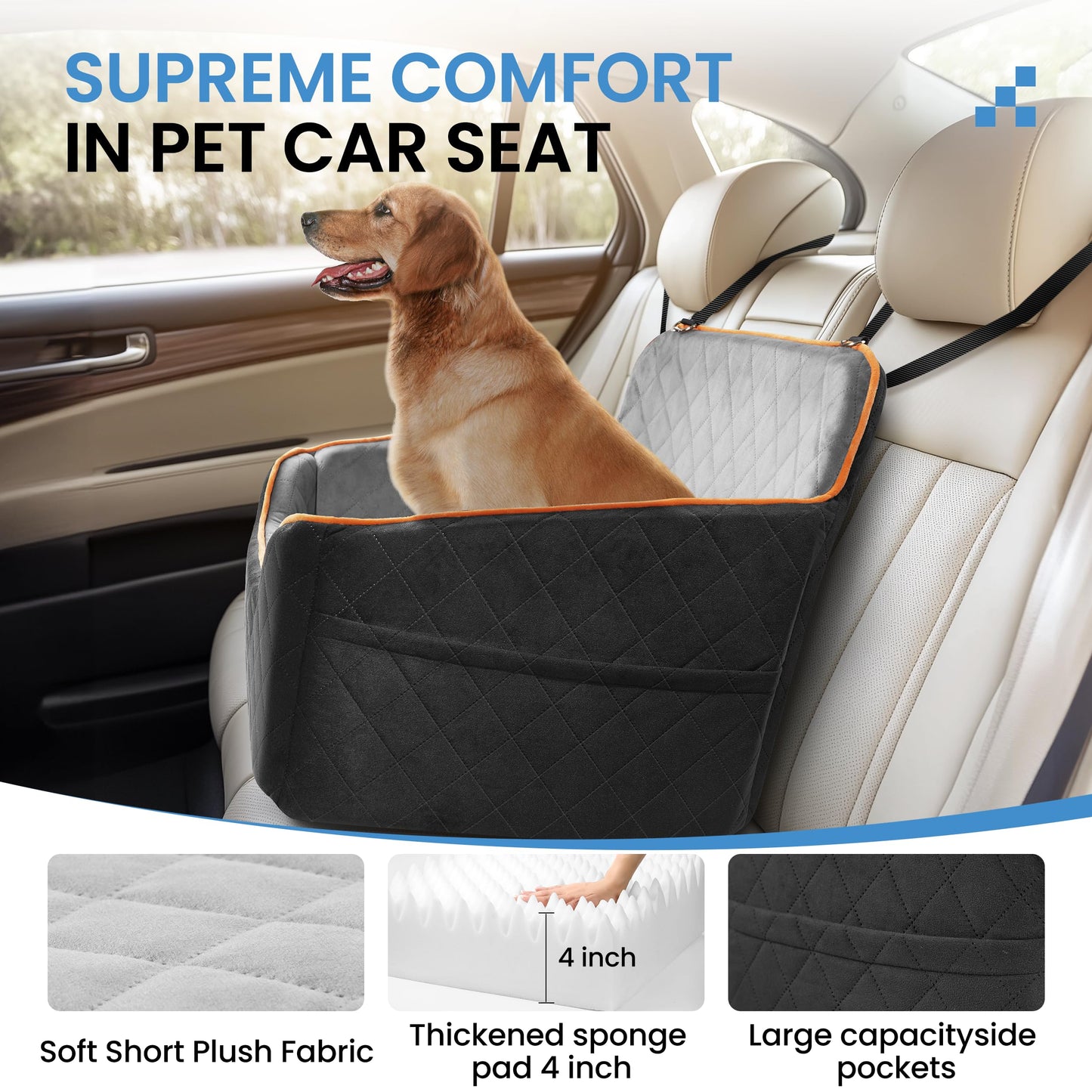 Dog Car Seat for Medium Dogs - Pet Car Seat with 2 Safety Straps & Waterproof Padding, Portable Pet Carrier for Cars, Trucks & SUVs, Comfortable Booster Bed for Pets Up to 55lbs (Black/Coffee)