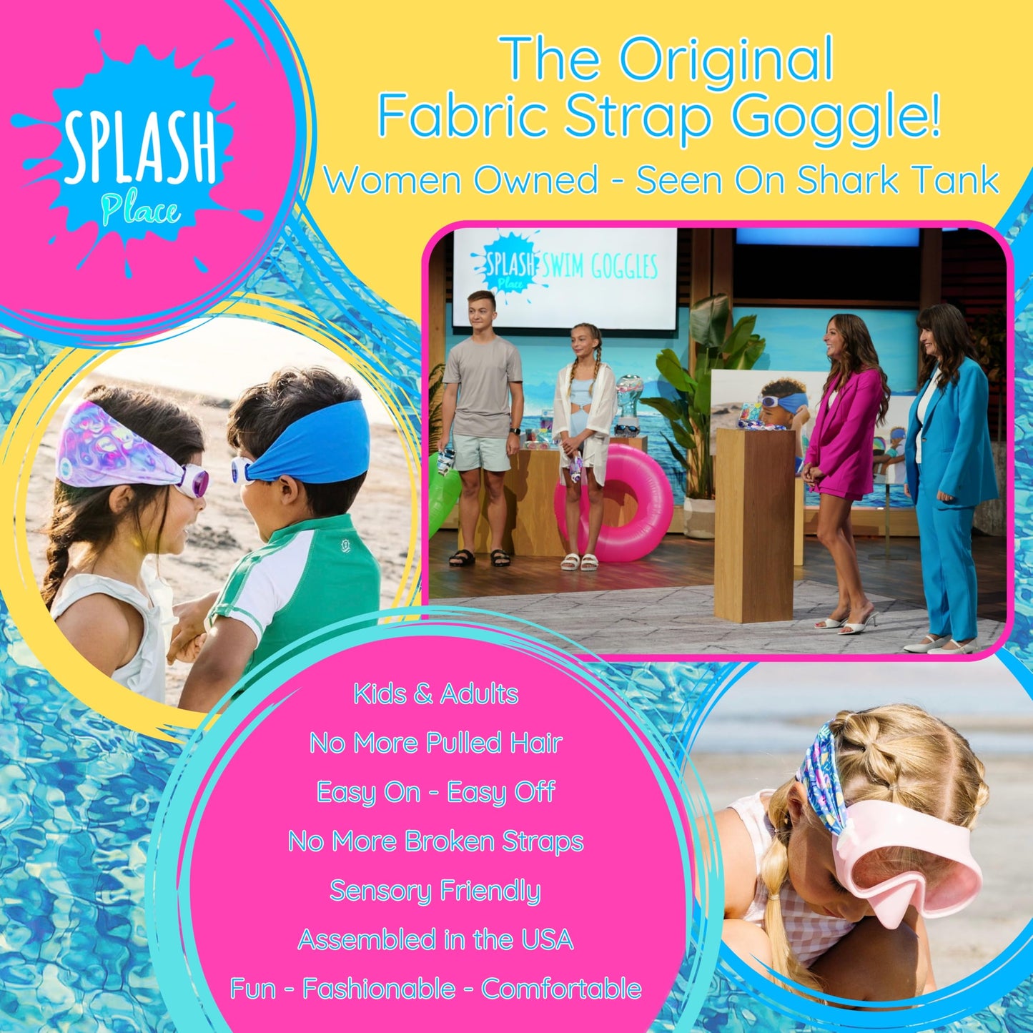 Splash Place SWIM GOGGLES with Fabric Strap -Fun, Fashionable, Comfortable - Adult & Kids Swim Goggles