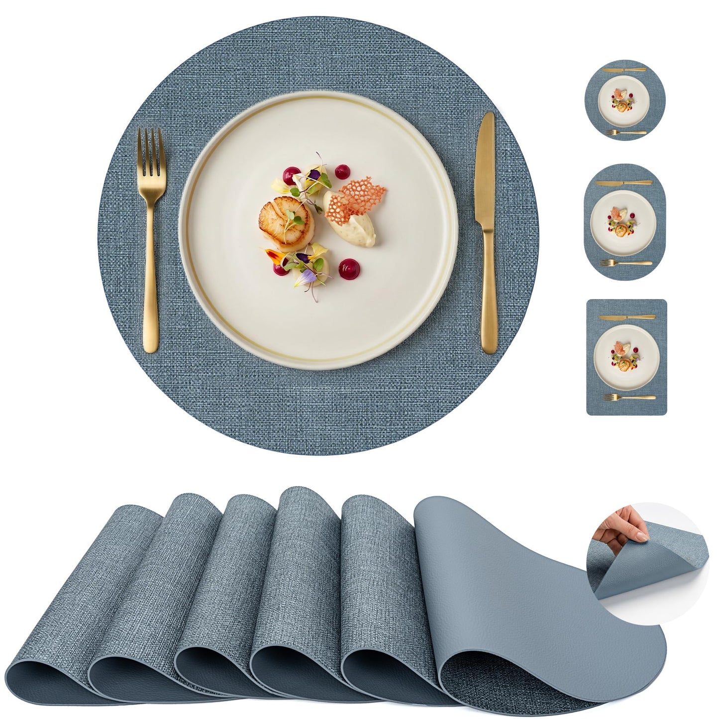 Faux Leather Placemats Set of 6, Wipeable Waterproof Stain Resistant Table Mats, Heat Resistant Thick Placemats with Hand-Painted Edges for Kitchen Dining, Imitative Linen Texture, Various Shapes BST326H