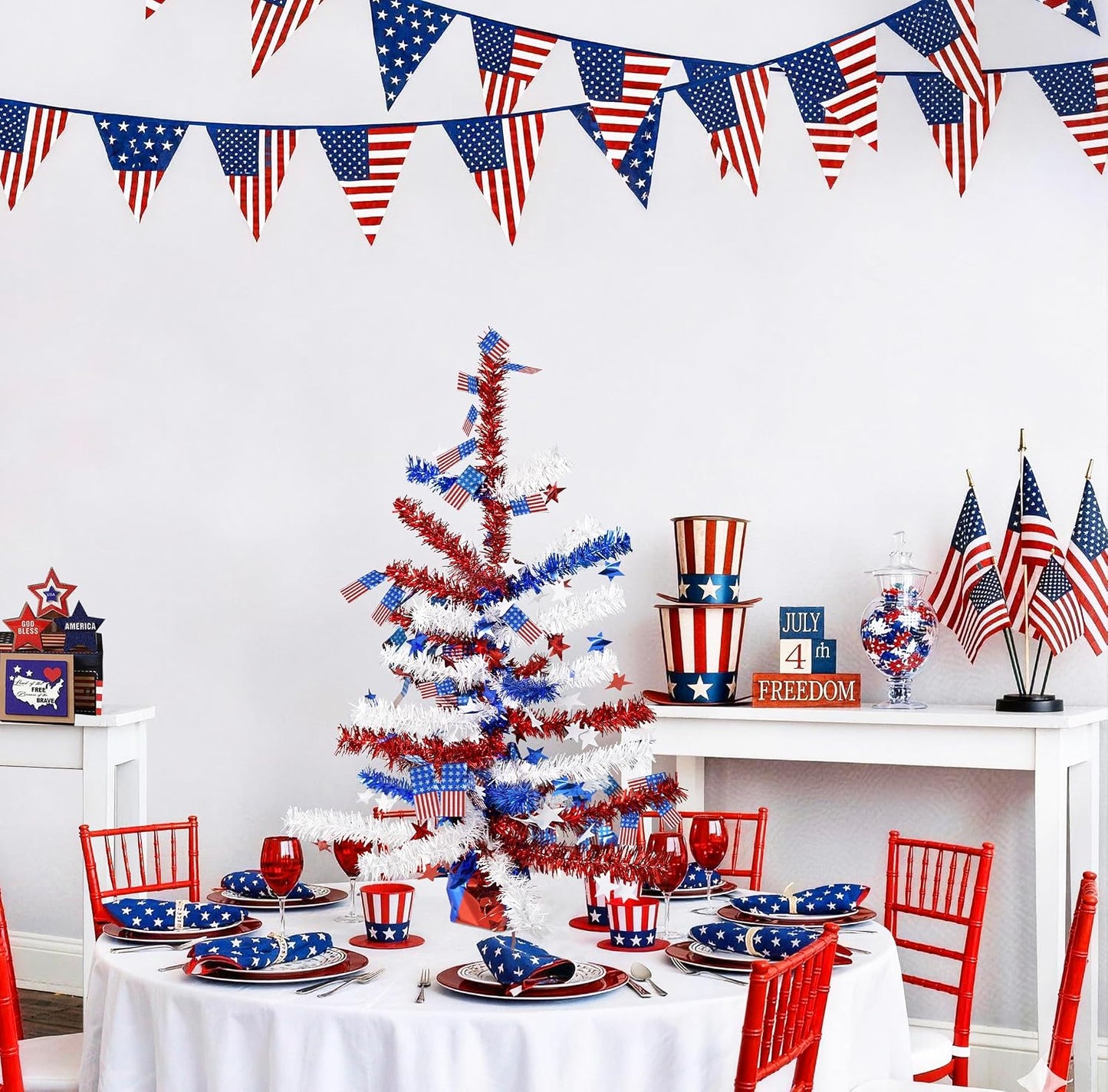 4th of July Table Centerpiece Decoration - Patriotic Tree for Tables Metallic Foil Spray Star Burst Independence Day Party Dining Home Memorial Day Supplies BST202