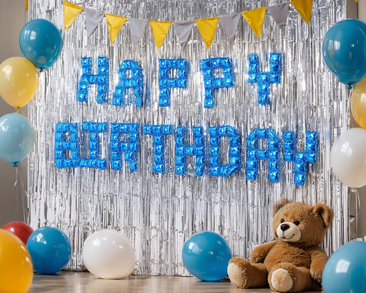 Seenelling Happy Birthday Balloons Banner with 3 Pack Silver Foil Fringe Backdrop 16 Inch Foil Letters Metallic Tinsel Fringe Curtains Reusable Inflatable Birthday Party Decorations(Blue) BST326L