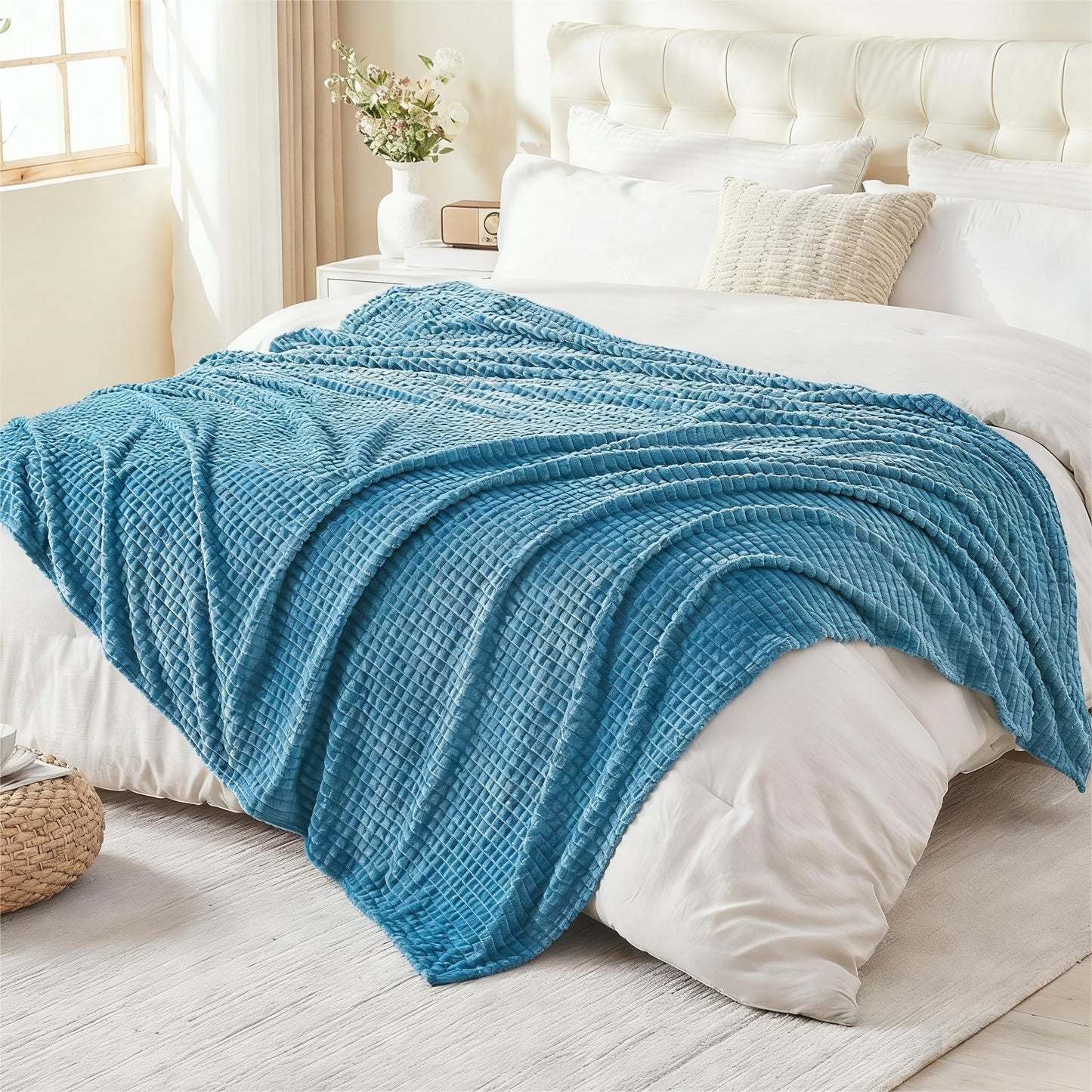EMME Fleece Blanket, 3D Jacquard Throw Blanket for Couch and Bed, Soft Cozy and Fluffy Blankets Lightweight Luxury Flannel with Waffle Design (Navy Blue, 50" x 60") BST202