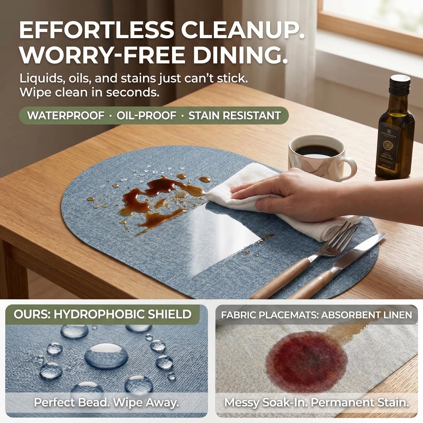 Faux Leather Placemats Set of 6, Wipeable Waterproof Stain Resistant Table Mats, Heat Resistant Thick Placemats with Hand-Painted Edges for Kitchen Dining, Imitative Linen Texture, Various Shapes BST326H