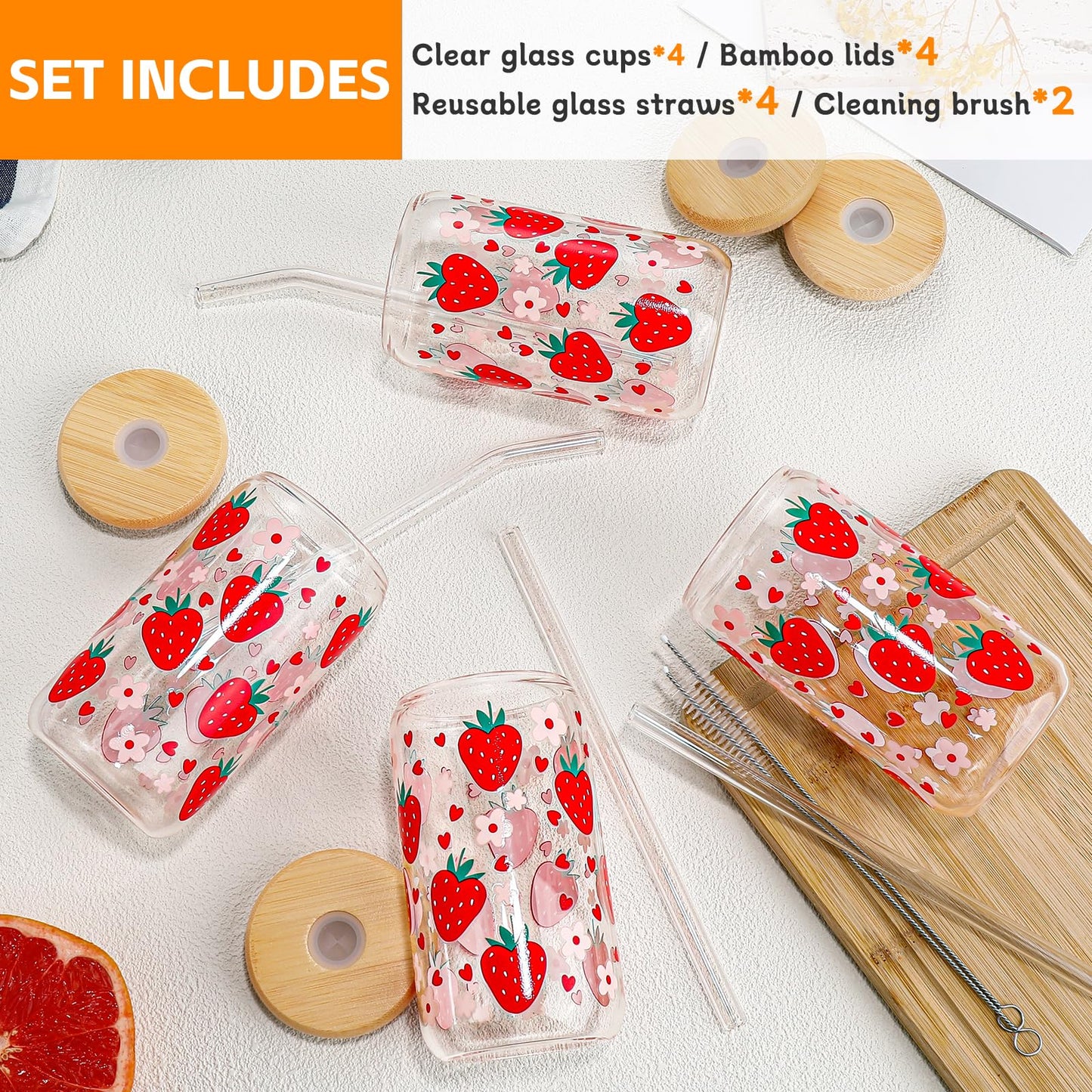 DWTS DANWEITESI Glass Cups “20oz”,Glass Cups with Lids and Straws 4 pcs-Coffee Cups,Drinking Glasses Set,Glass Tumbler with Straw and Lid Gift 2 Cleaning Brushes 600ml BST202