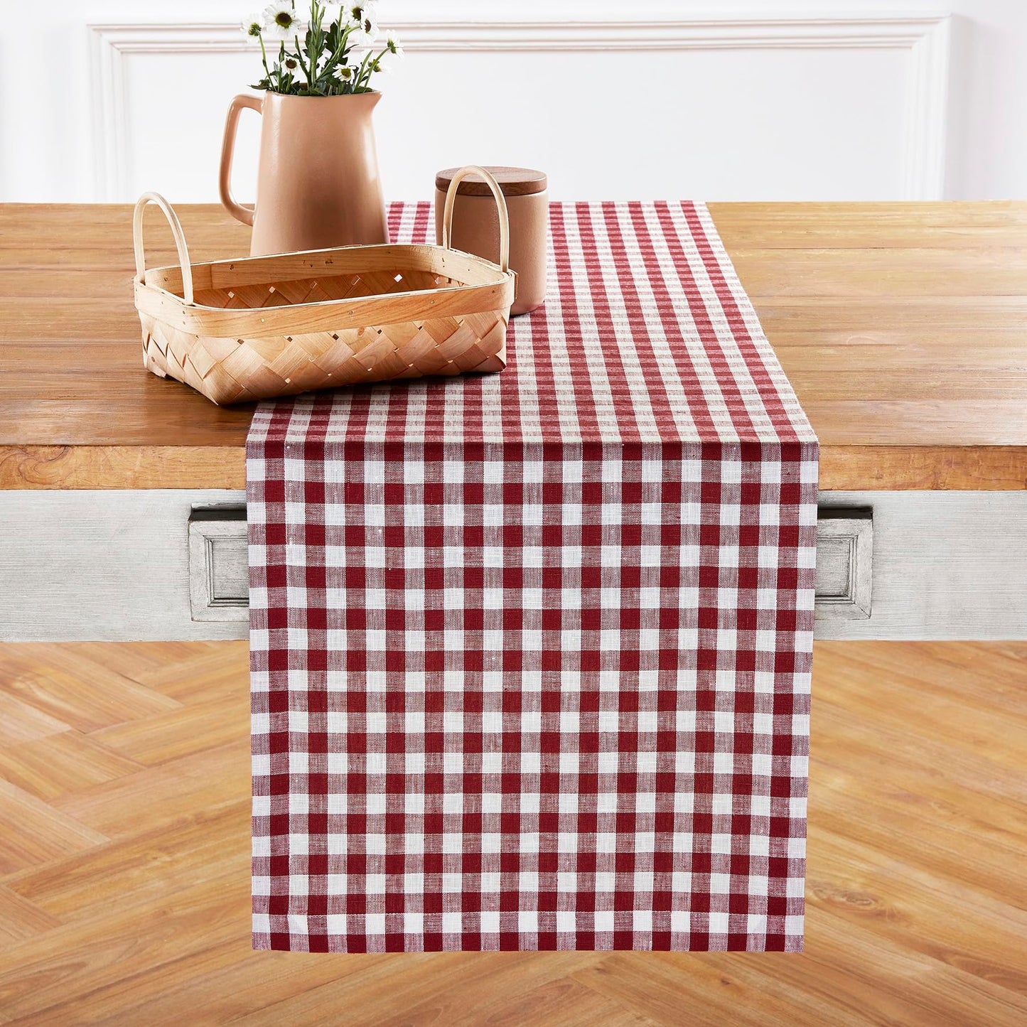 Solino Home 100% Pure Linen Table Runner Apricot, Gingham Check 14 x 36 in | Table Runners for nightstands, end tables, coffee tables and dressers | checkered weave, mitered corners | OEKO-TEX Certified BST326SOLH