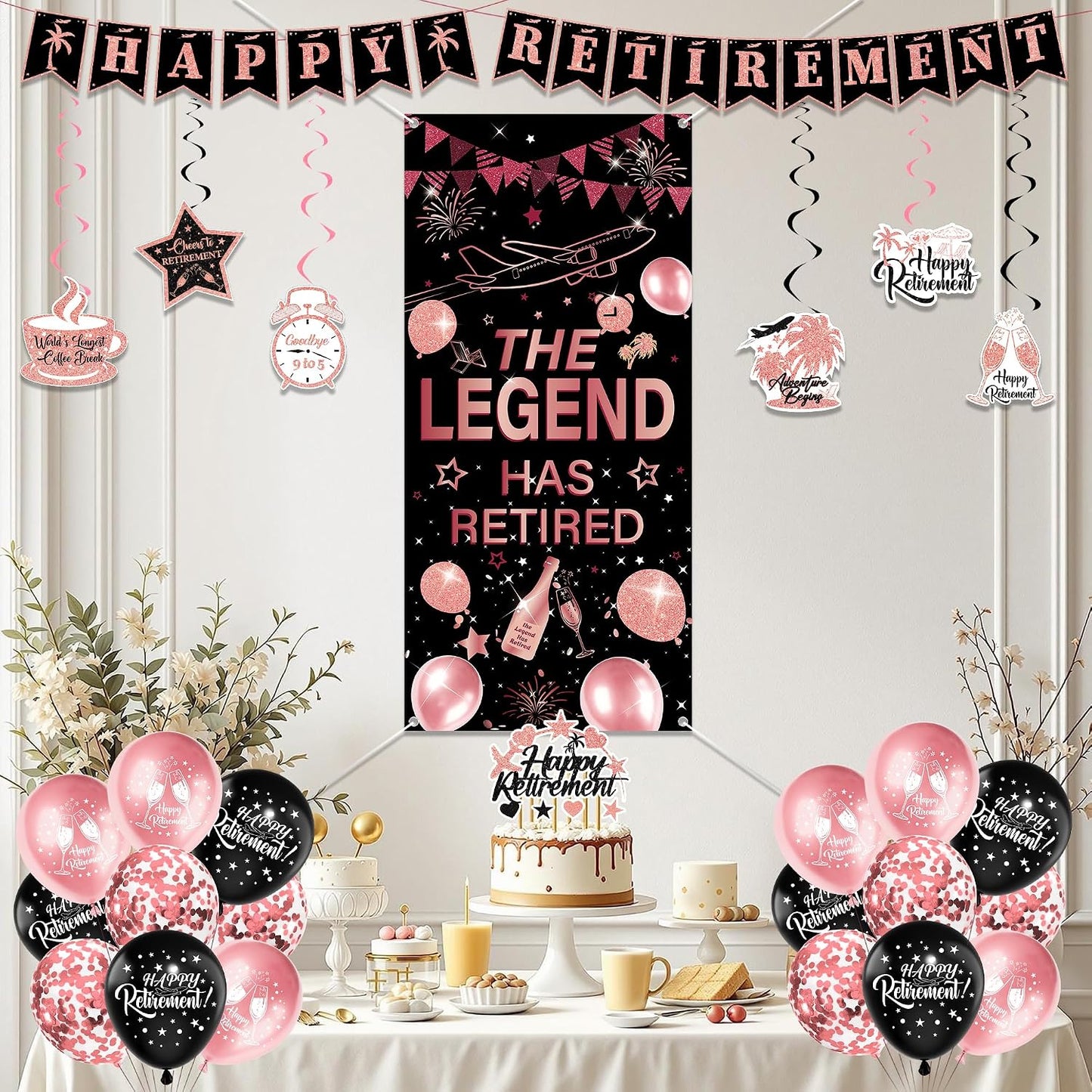 Happy Retirement Party Decorations Women - 33 Pcs Black Rose Gold Banners Hanging Swirls Glitter Cupcake Cake Toppers Backdrop Sparkling Sash Confetti Balloons for Retire Decoration Party Supplies BST326L
