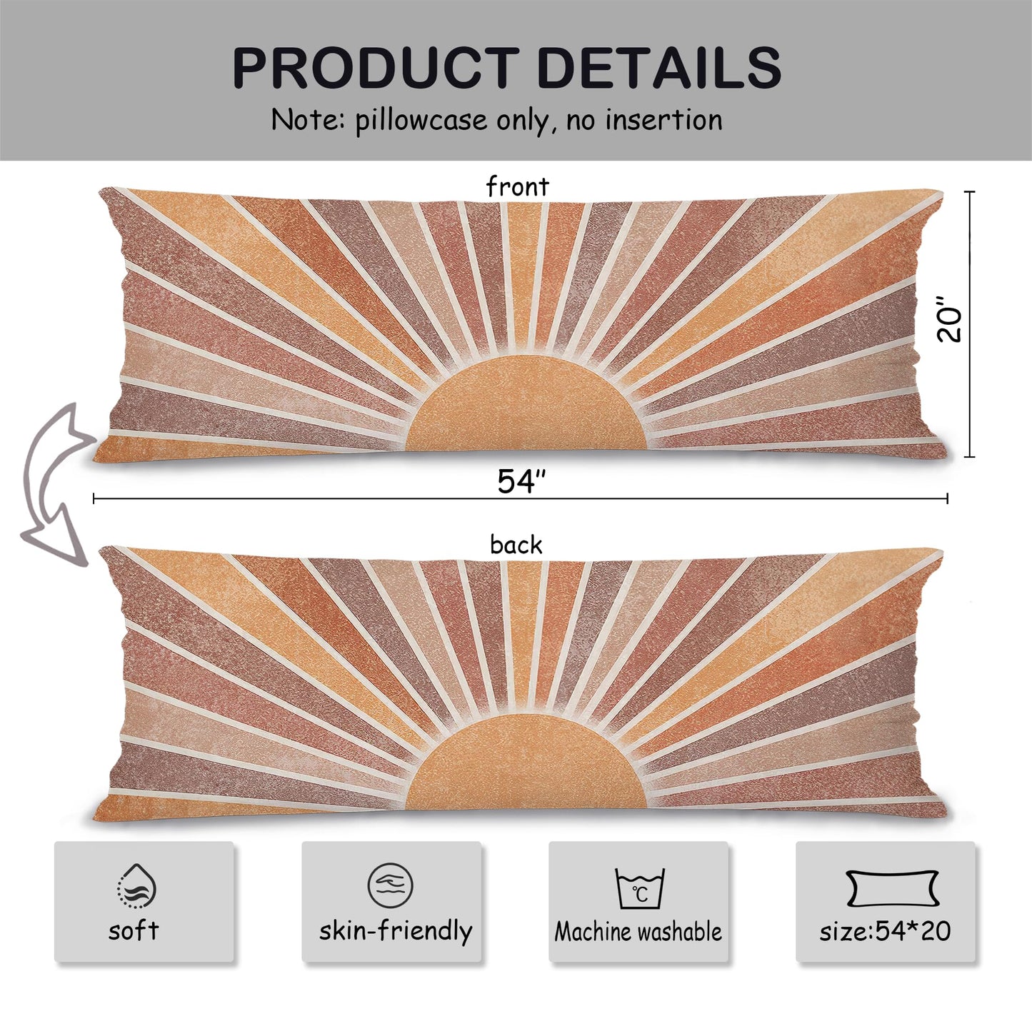 Boho Sun Sunshine 21x54 Body Pillow Cover Case, Modern Neutral Boho Horizontal Sun Sunset Sunrise Decorative Long Hug Pillow Cases for Bed Couch BST220