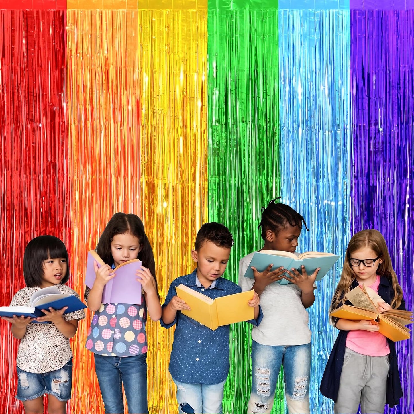 Back to School Decorations, 3.2x8.2 FT Thicken Rainbow Party Streamers Foil Fringe Backdrop Curtains 4 Pack BST326H