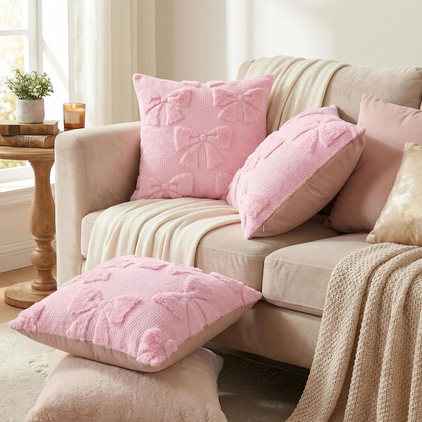 Pink Bow Pillow Covers 18x18 Inch Set of 3 Cute Bowknot Throw Pillow Cover Soft Plush Cushion Covers Aesthetic Pillowcase for Coquette Room Decor BST326H